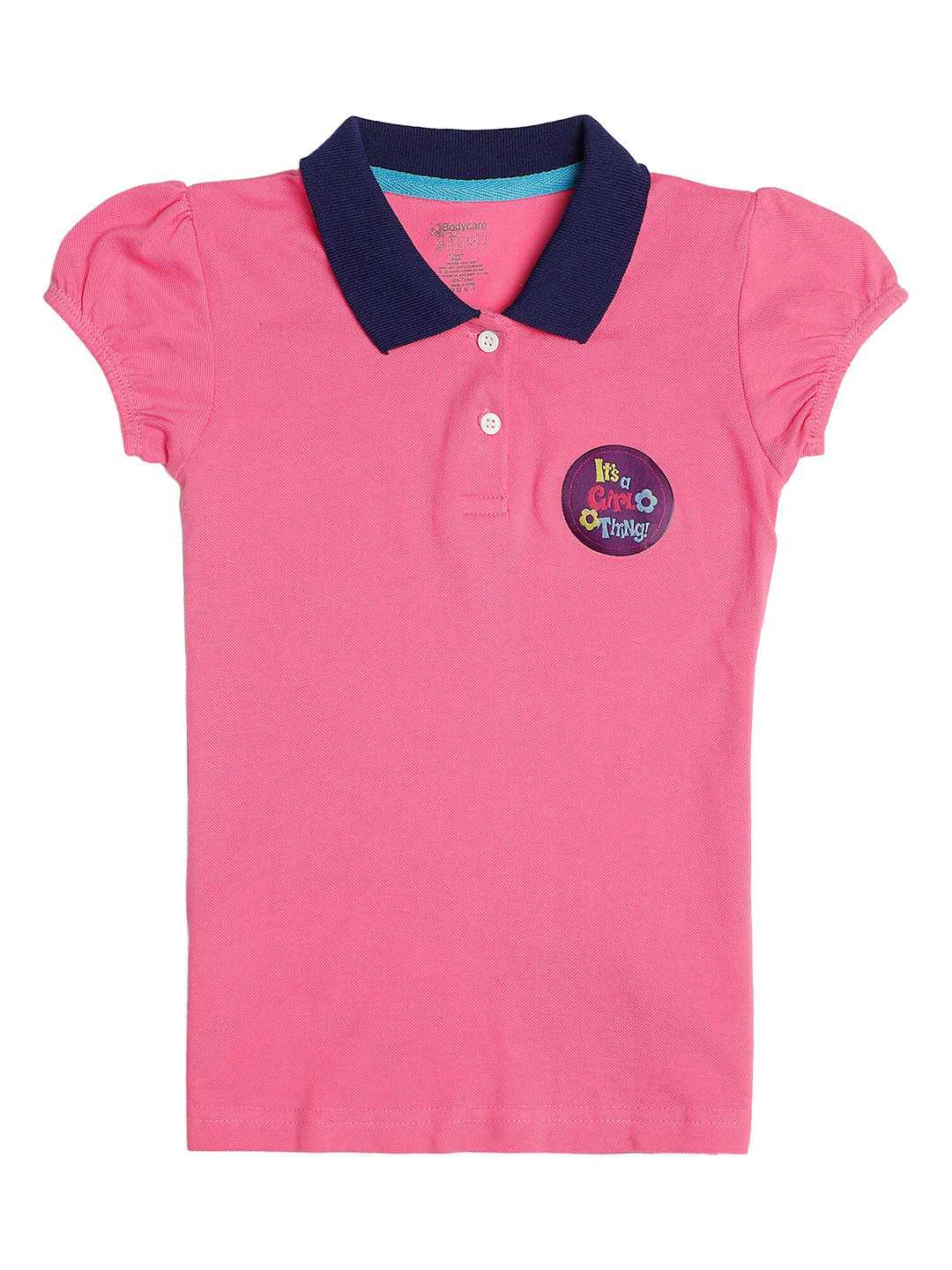 

Bodycare Kids Girls Pink Polo Collar Puff Sleeves Cotton Applique T-shirt
