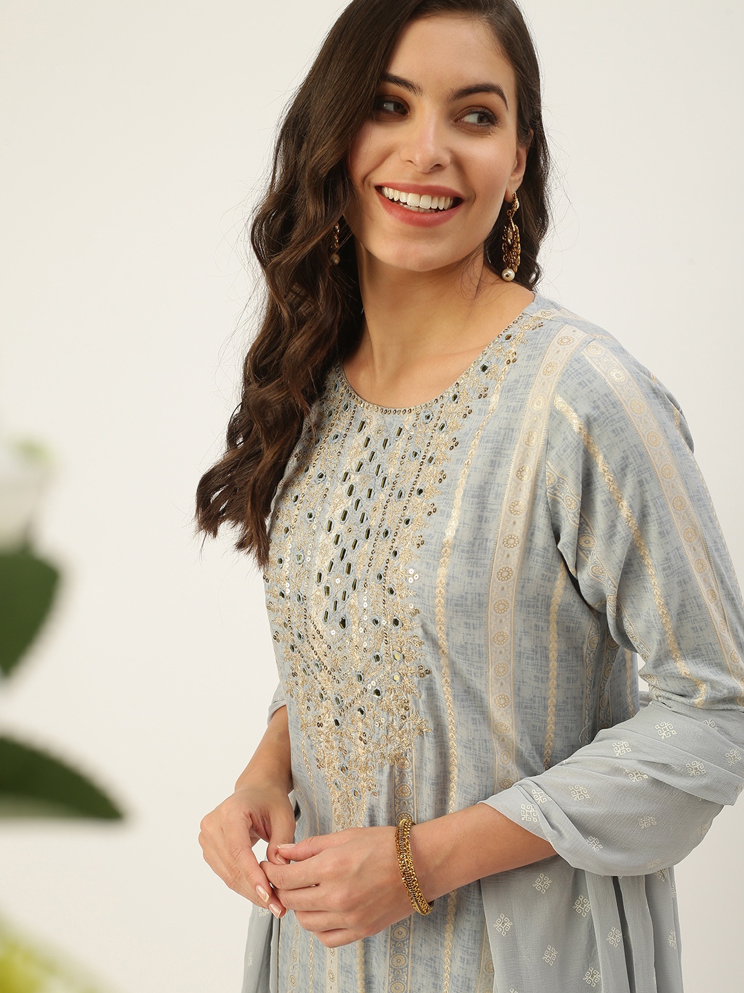 

SHOWOFF Women Blue Embroidered Mirror Work Kurta with Trousers & With Dupatta