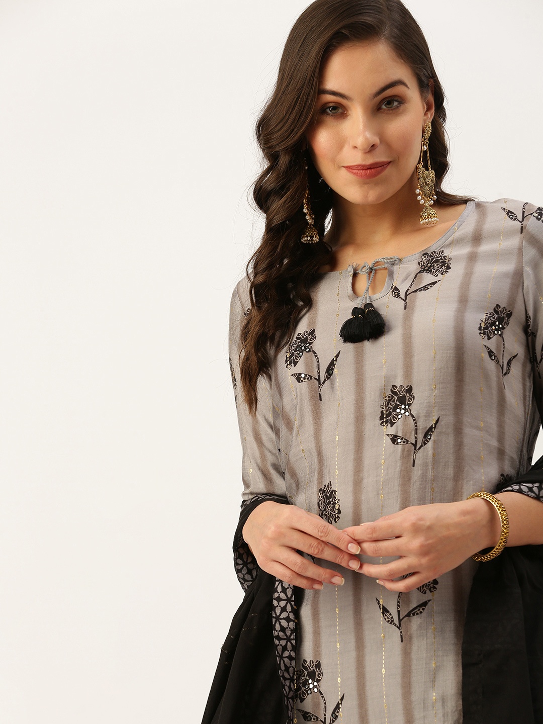 

SHOWOFF Women Grey Floral Embroidered Kurta with Trousers & With Dupatta