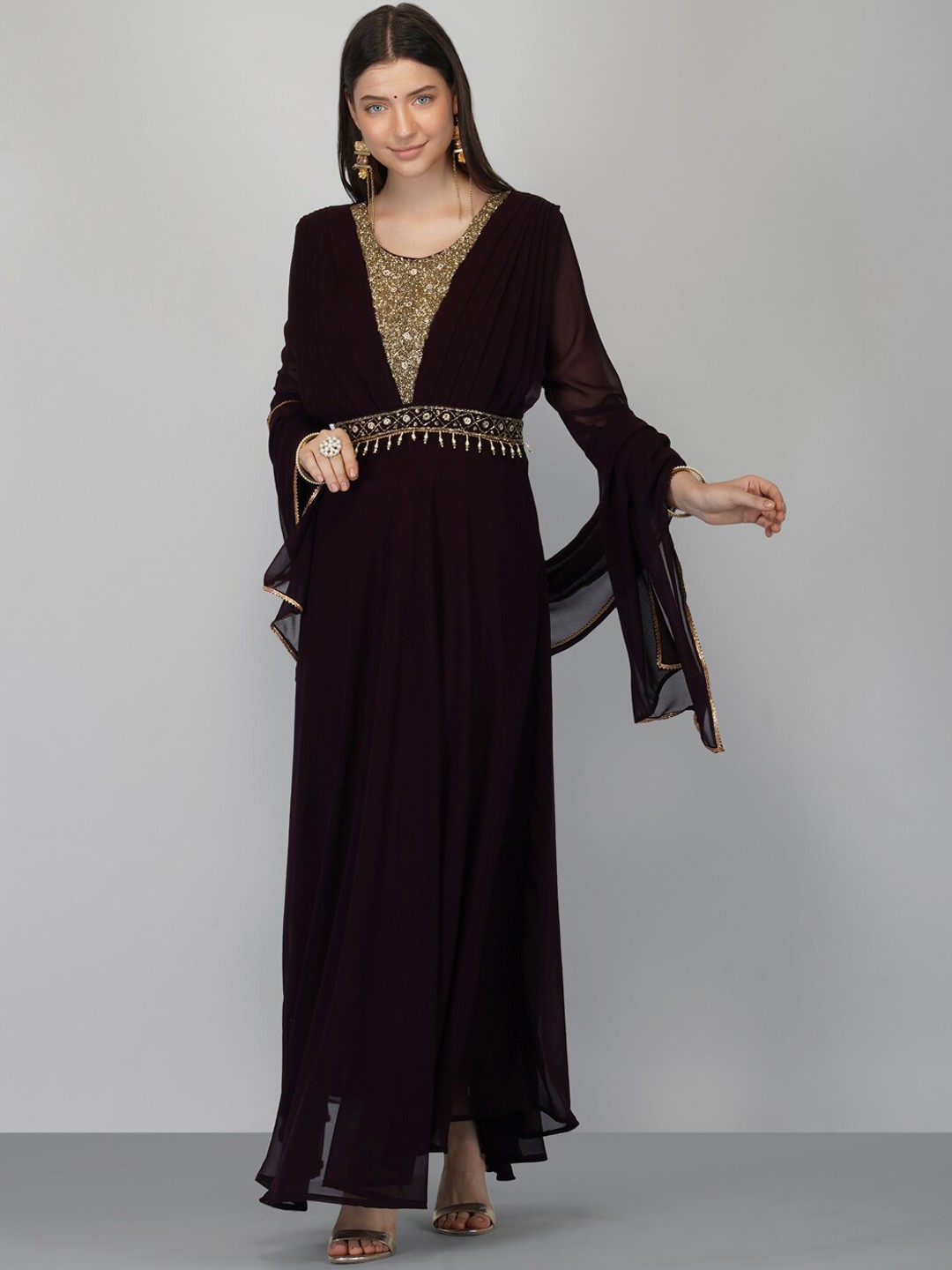 

Ziva Fashion Women Brown Embellished Georgette Anarkali Kurta With Dupatta