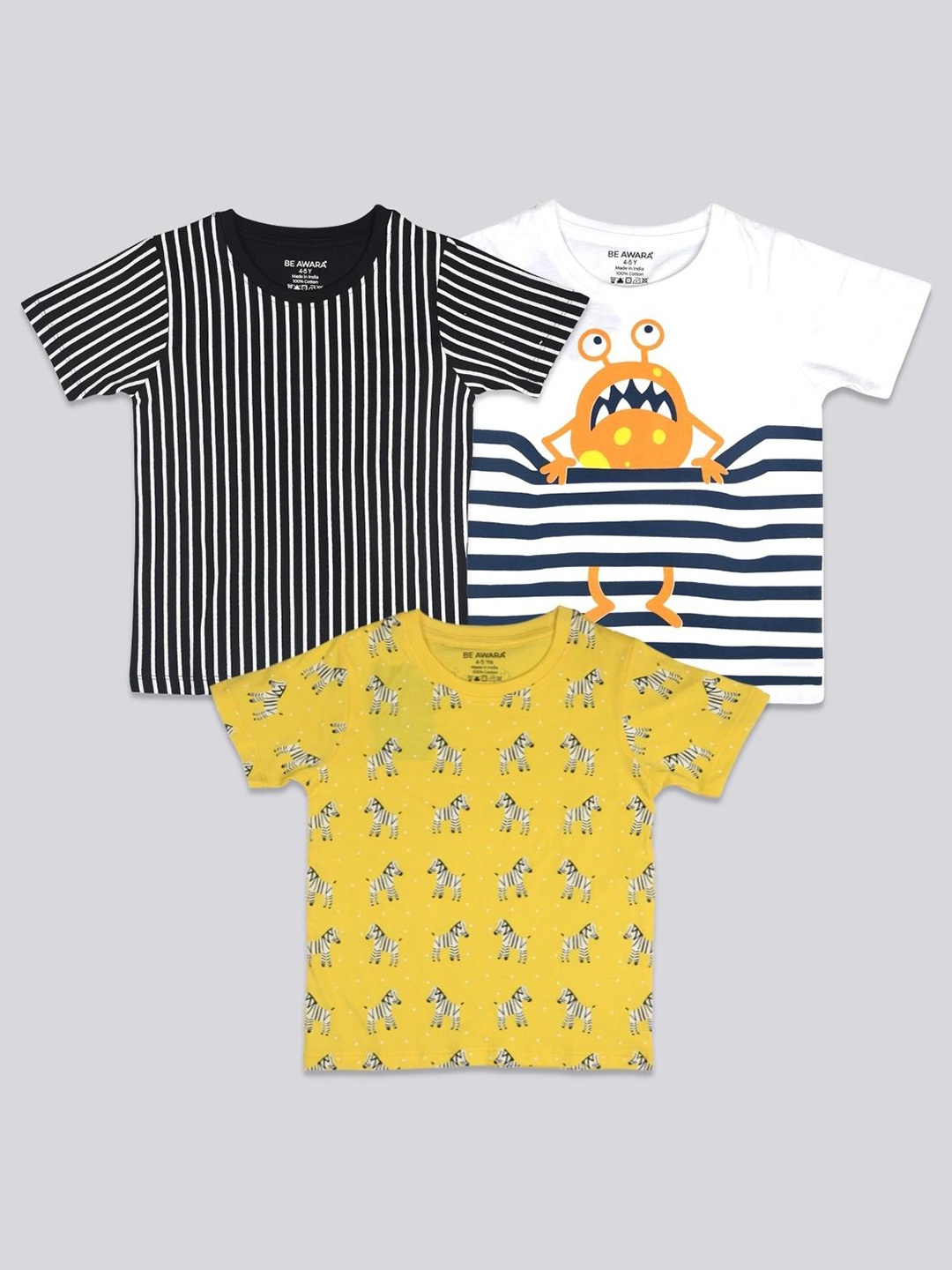 

BE AWARA Kids Pack Of 3 Black & Yellow Pure Cotton Printed T-shirt