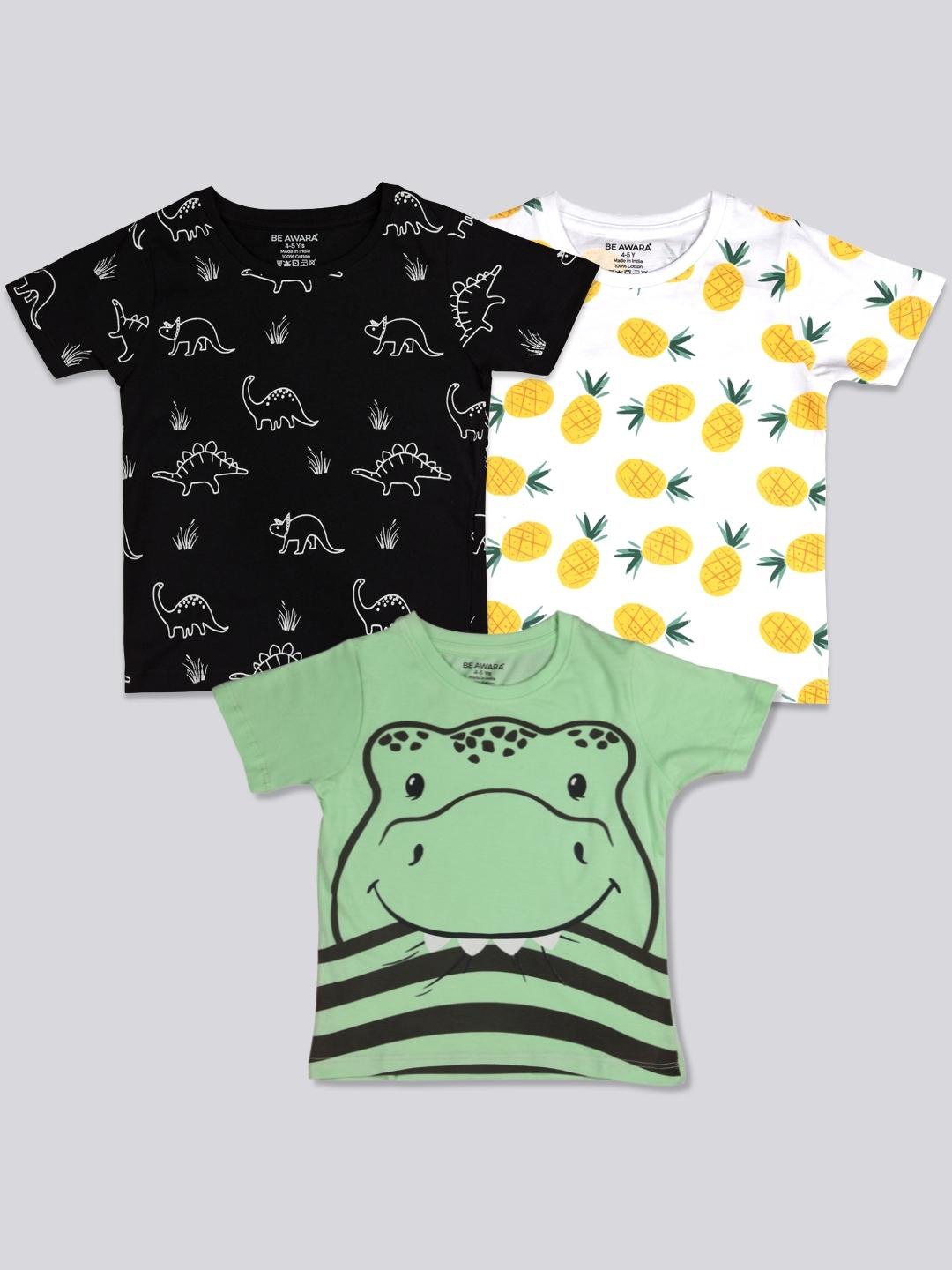 

BE AWARA Kids Black & Green White Pack Of 3 Printed T-shirt