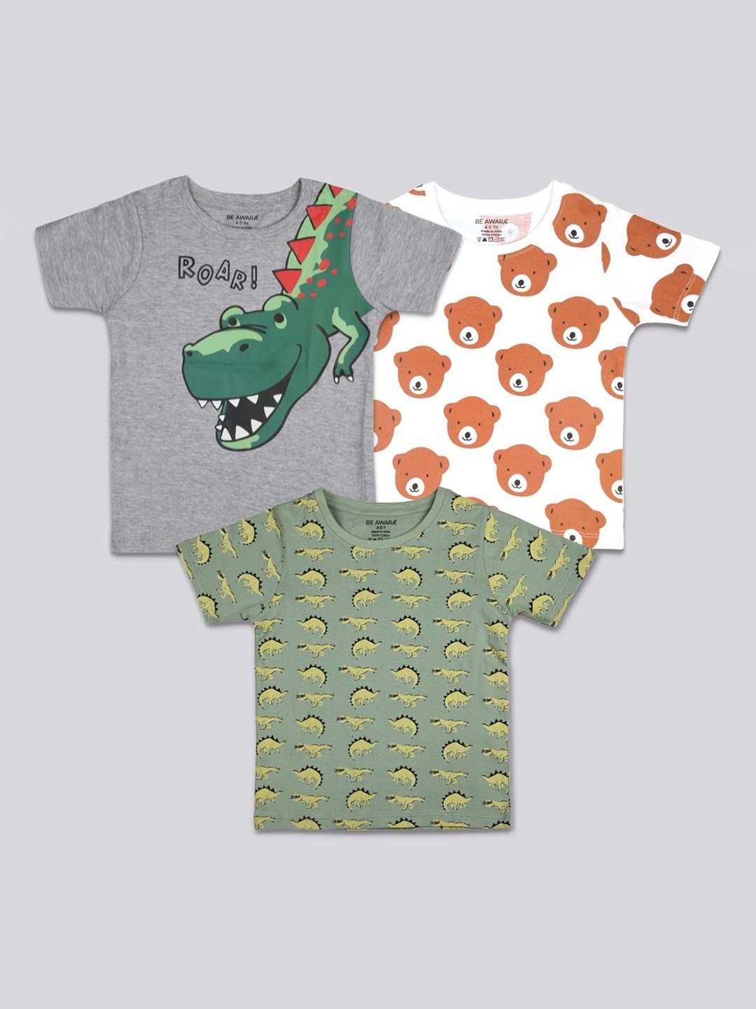

BE AWARA Kids Pack Of 3 Grey & Green White Printed T-shirt