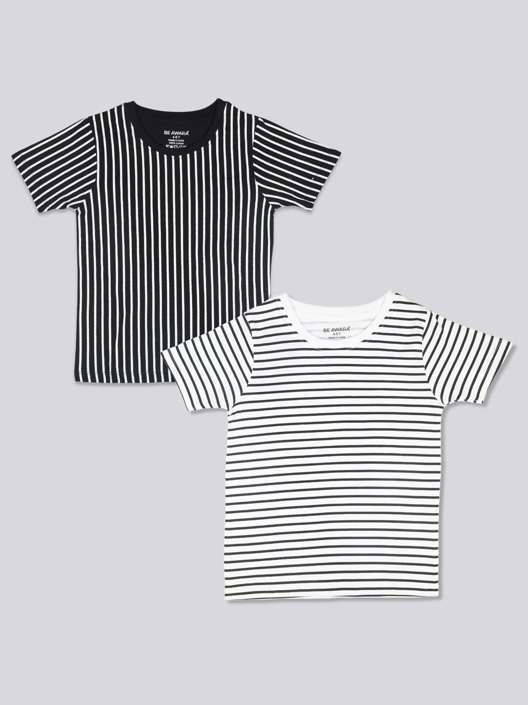 

BE AWARA Kids Black & White Pack Of 2 Striped Monochrome T-shirt