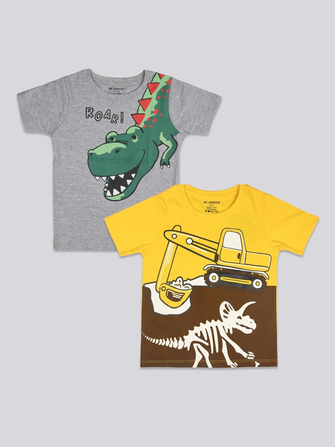 

BE AWARA Kids Grey & Yellow Pack Of 2 Printed T-shirt