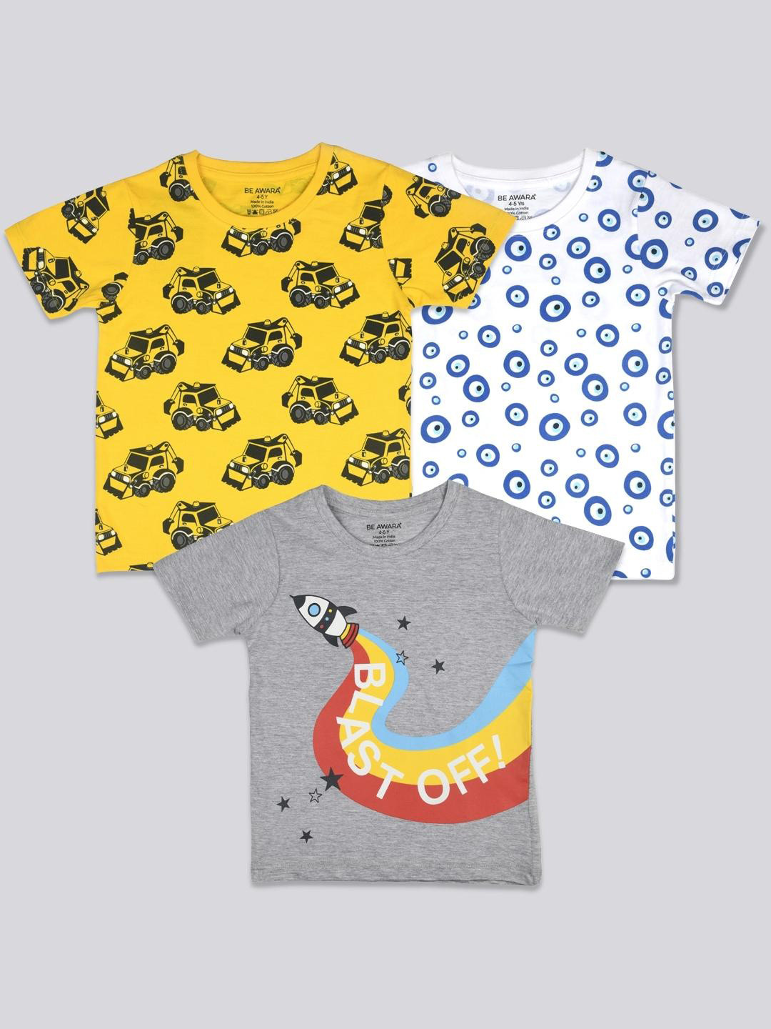 

BE AWARA Kids Yellow & White Grey Pack Of 3 Printed T-shirt