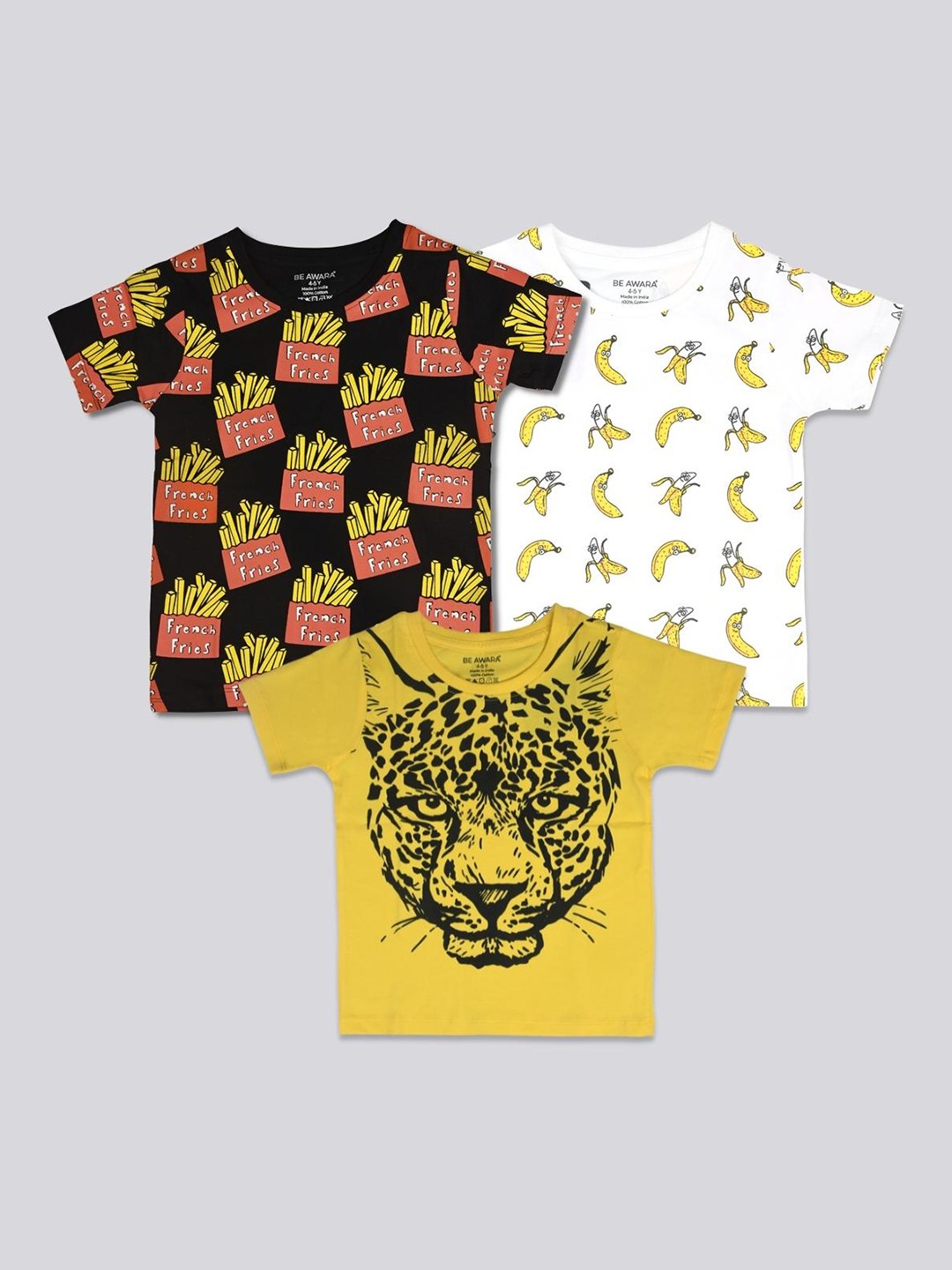

BE AWARA Kids Black White & Yellow Pack Of 3 Printed T-shirt