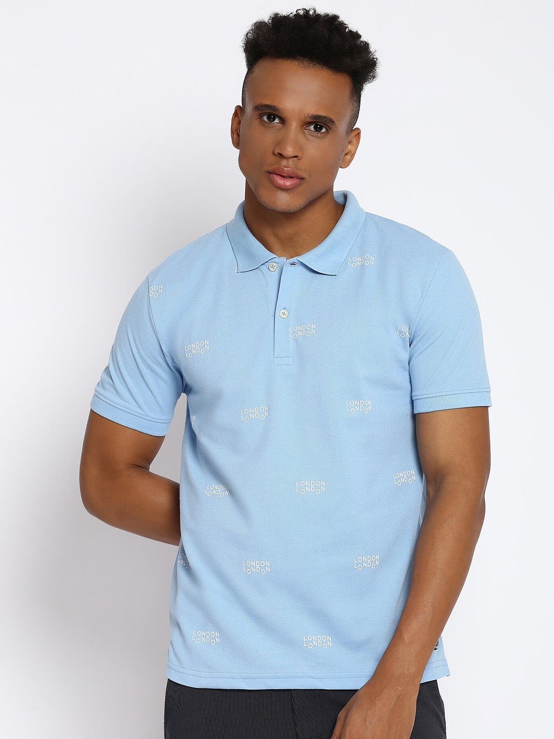 

abof Men Blue Typography Polo Collar Cotton T-shirt