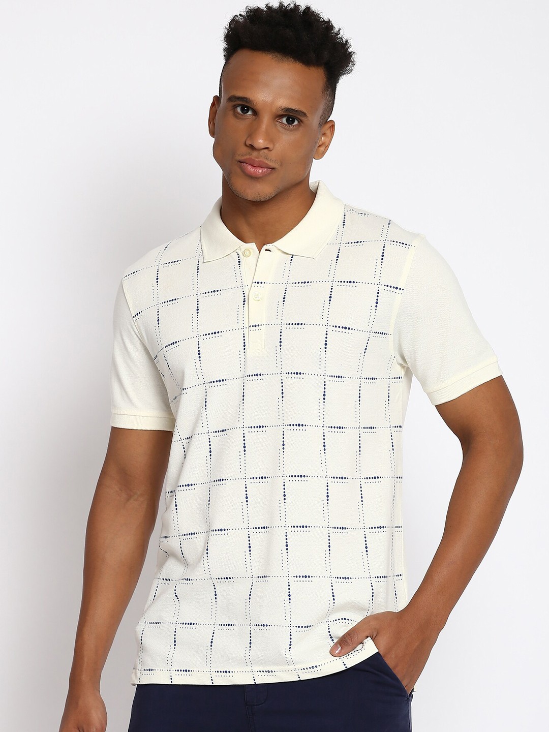 

abof Men Cream-Coloured Checked Polo Collar T-shirt