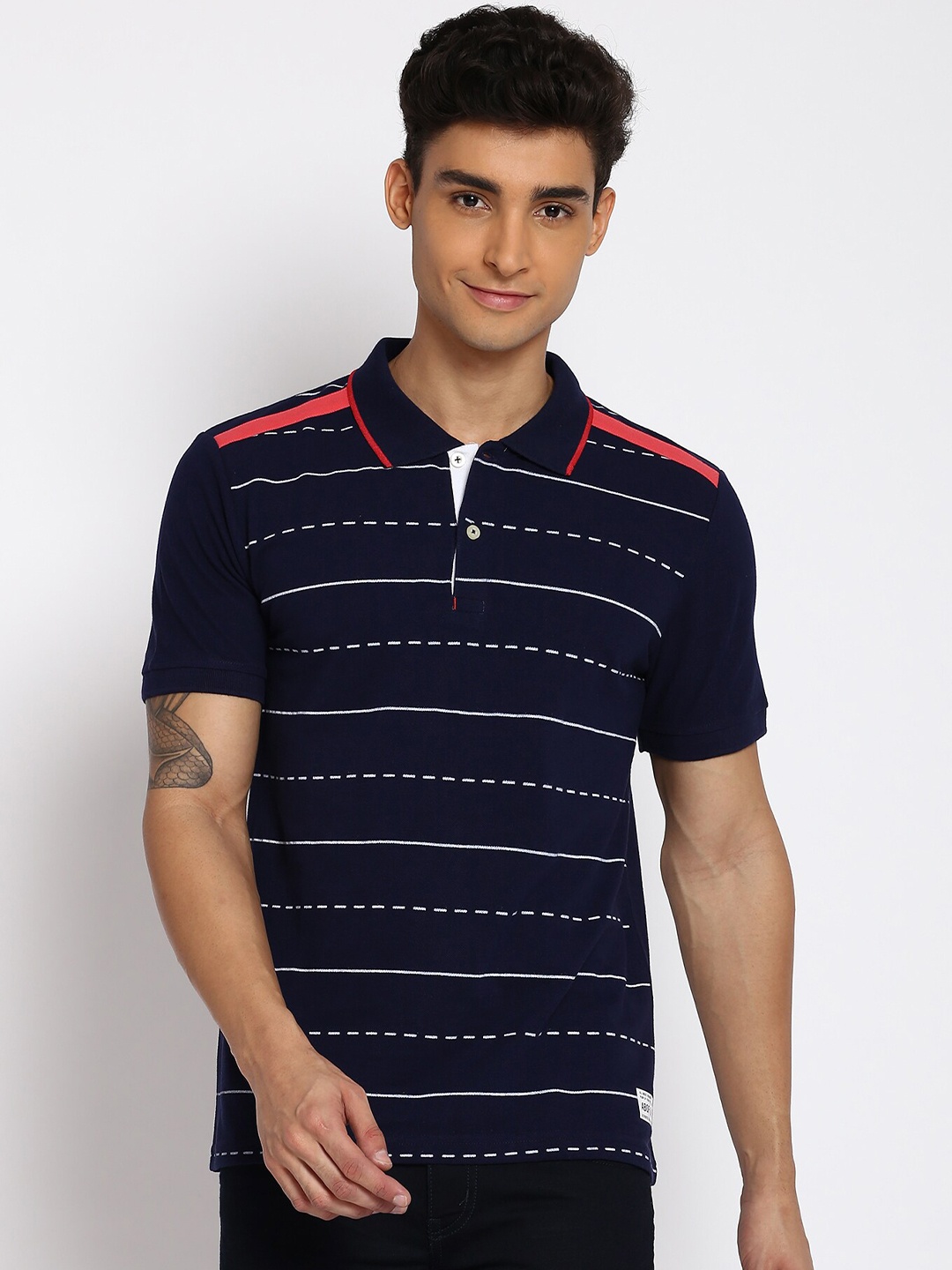 

abof Men Navy Blue & White Printed Polo Collar T-shirt