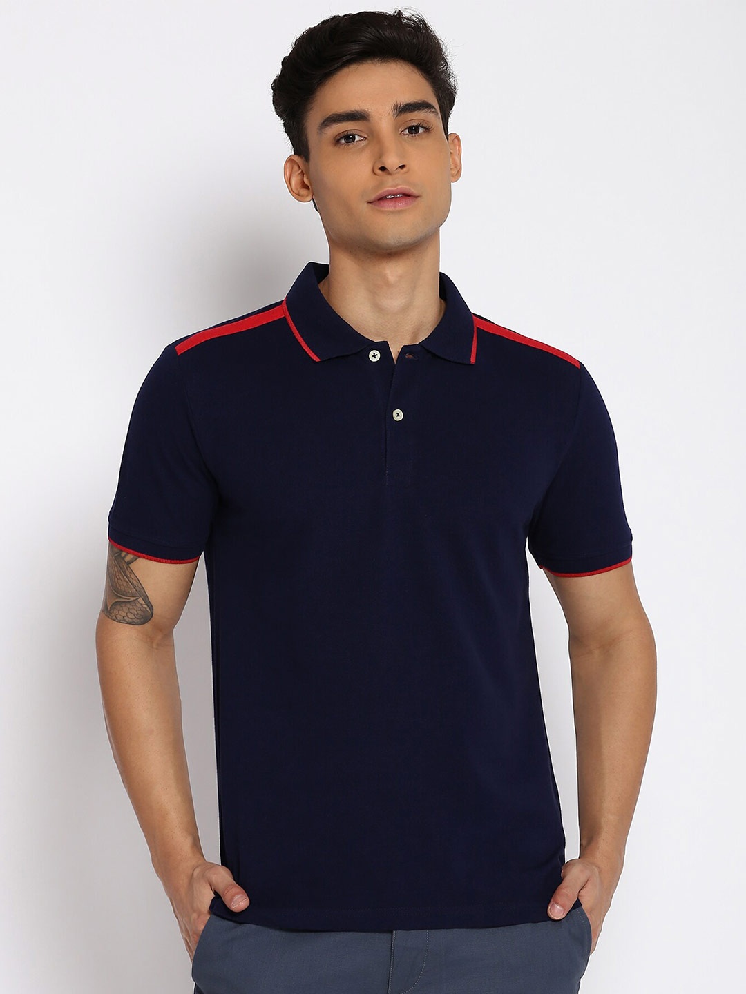 

abof Men Navy Blue Polo Collar T-shirt