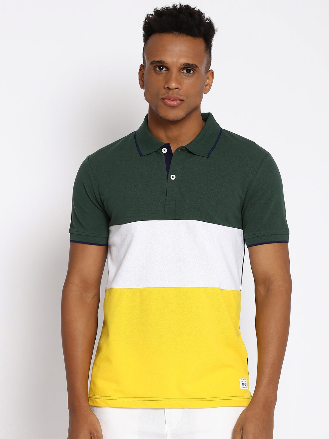 

abof Men Yellow & Olive Green Colourblocked Polo Collar T-shirt