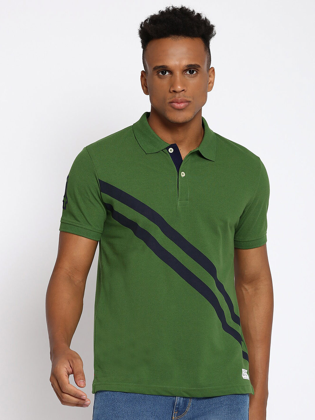 

abof Men Green & Navy Blue Striped Polo Collar T-shirt