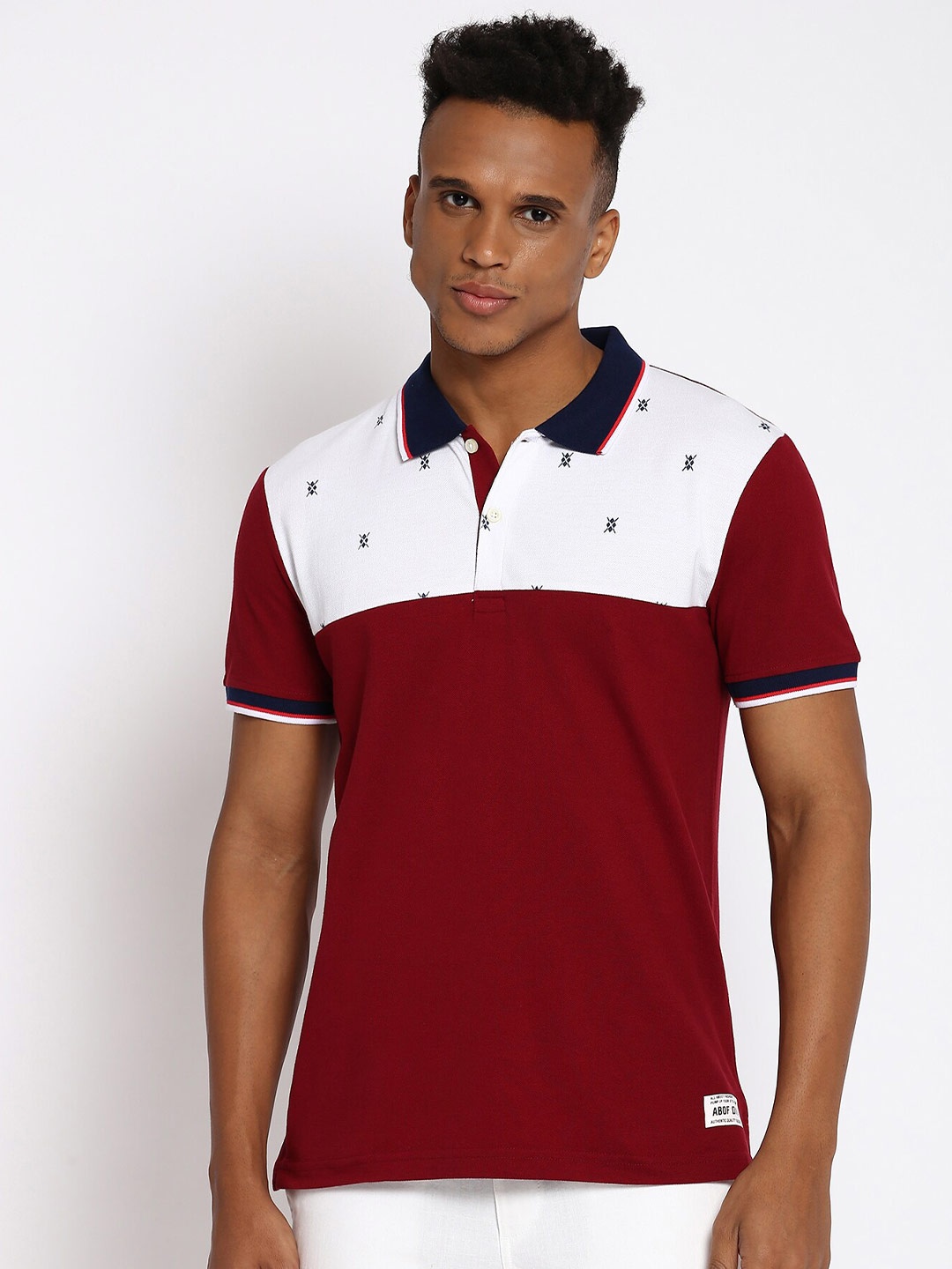 

abof Men Maroon & White Colourblocked Polo Collar T-shirt