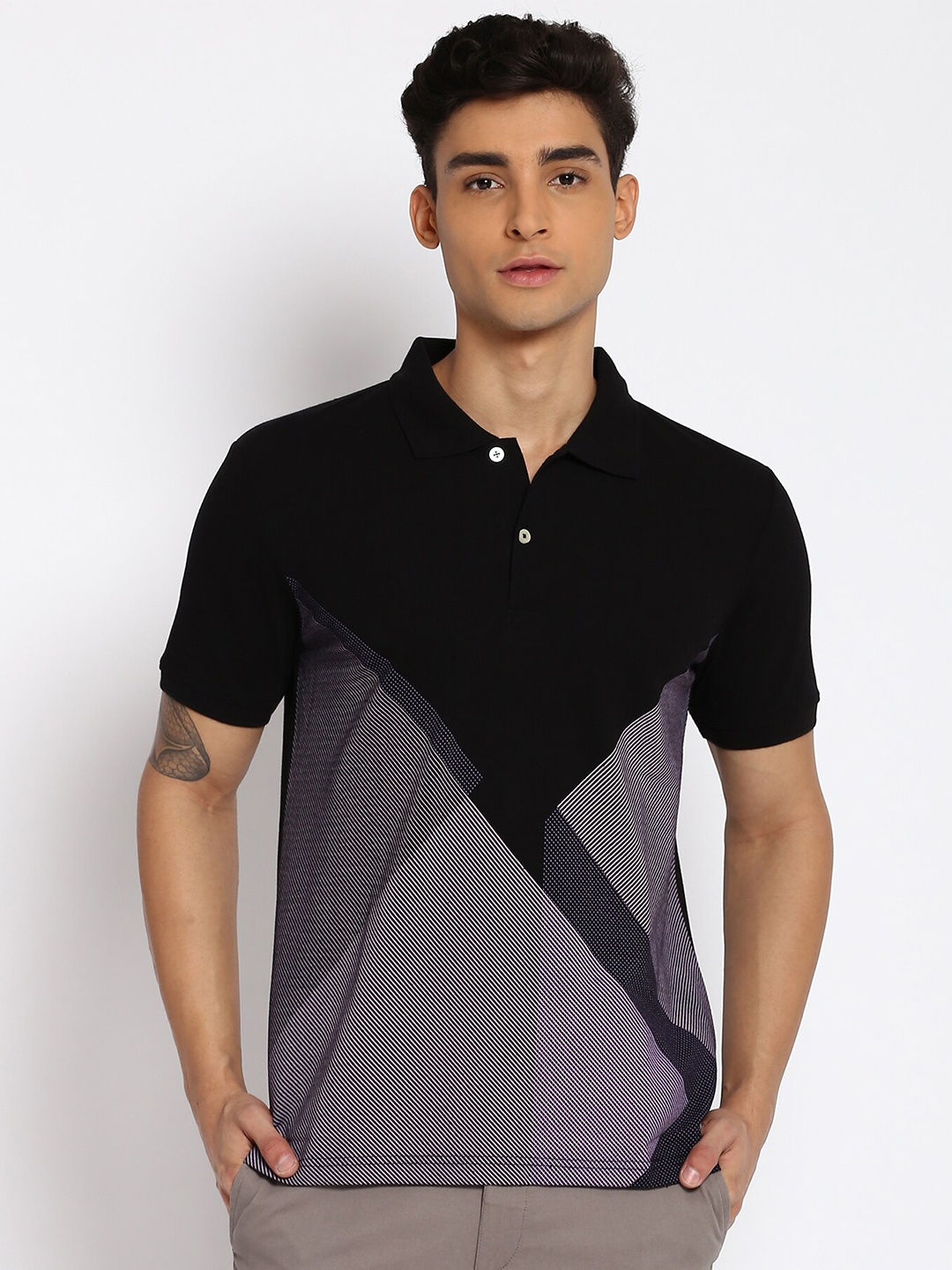 

abof Men Black & Grey Cotton Colourblocked Polo Collar T-shirt