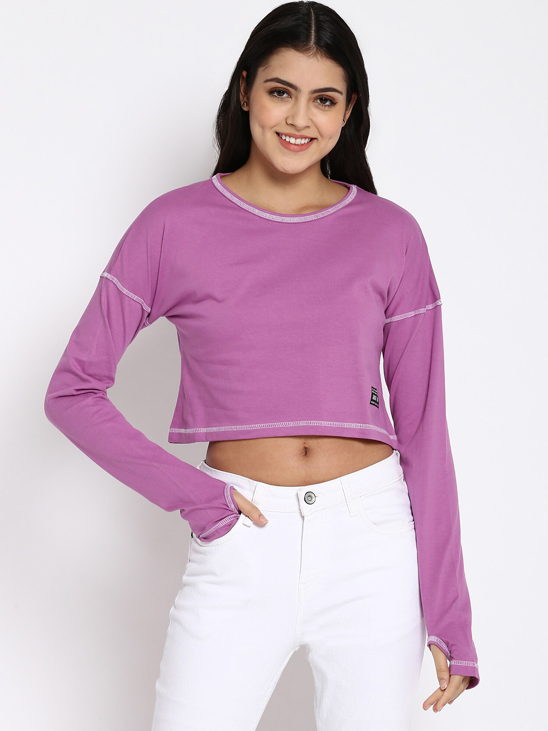 

abof Women Lavender Solid Drop-Shoulder Sleeves Cotton T-shirt