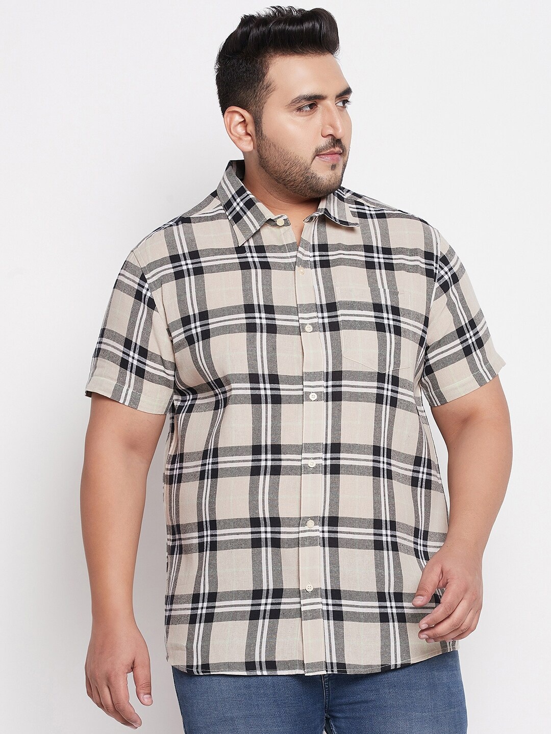 

bigbanana Plus Size Men Beige Comfort Tartan Checks Checked Cotton Casual Shirt