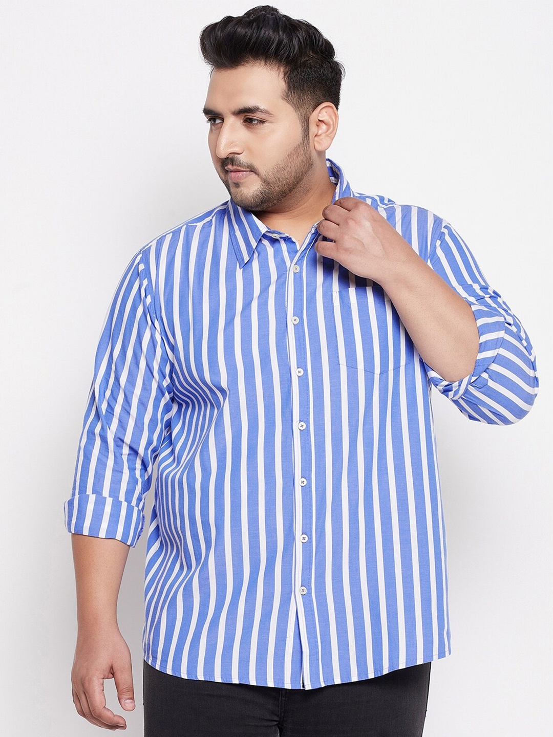 

bigbanana Plus Size Men Blue & White Striped Casual Shirt
