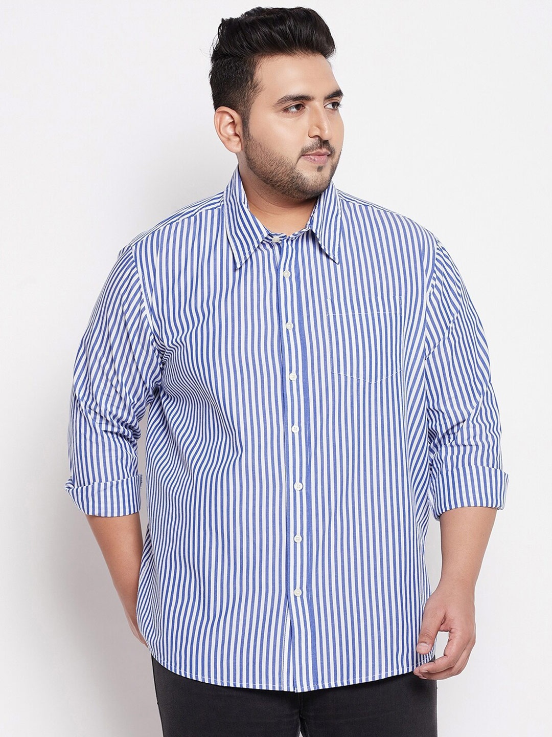 

bigbanana Plus Size Men Blue Cotton Comfort Striped Casual Shirt