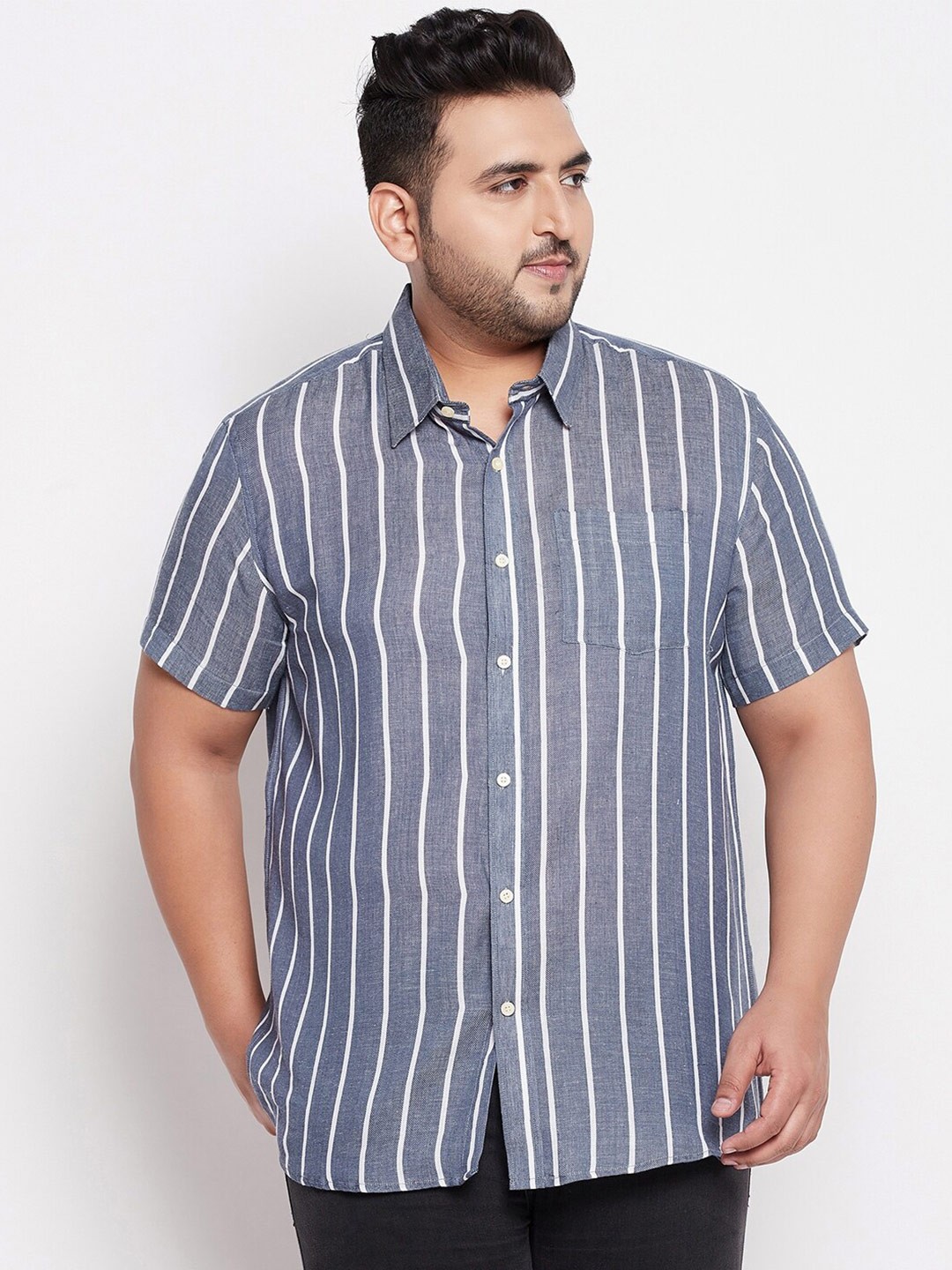 

bigbanana Men Navy Blue Plus Size Comfort Striped Casual Shirt