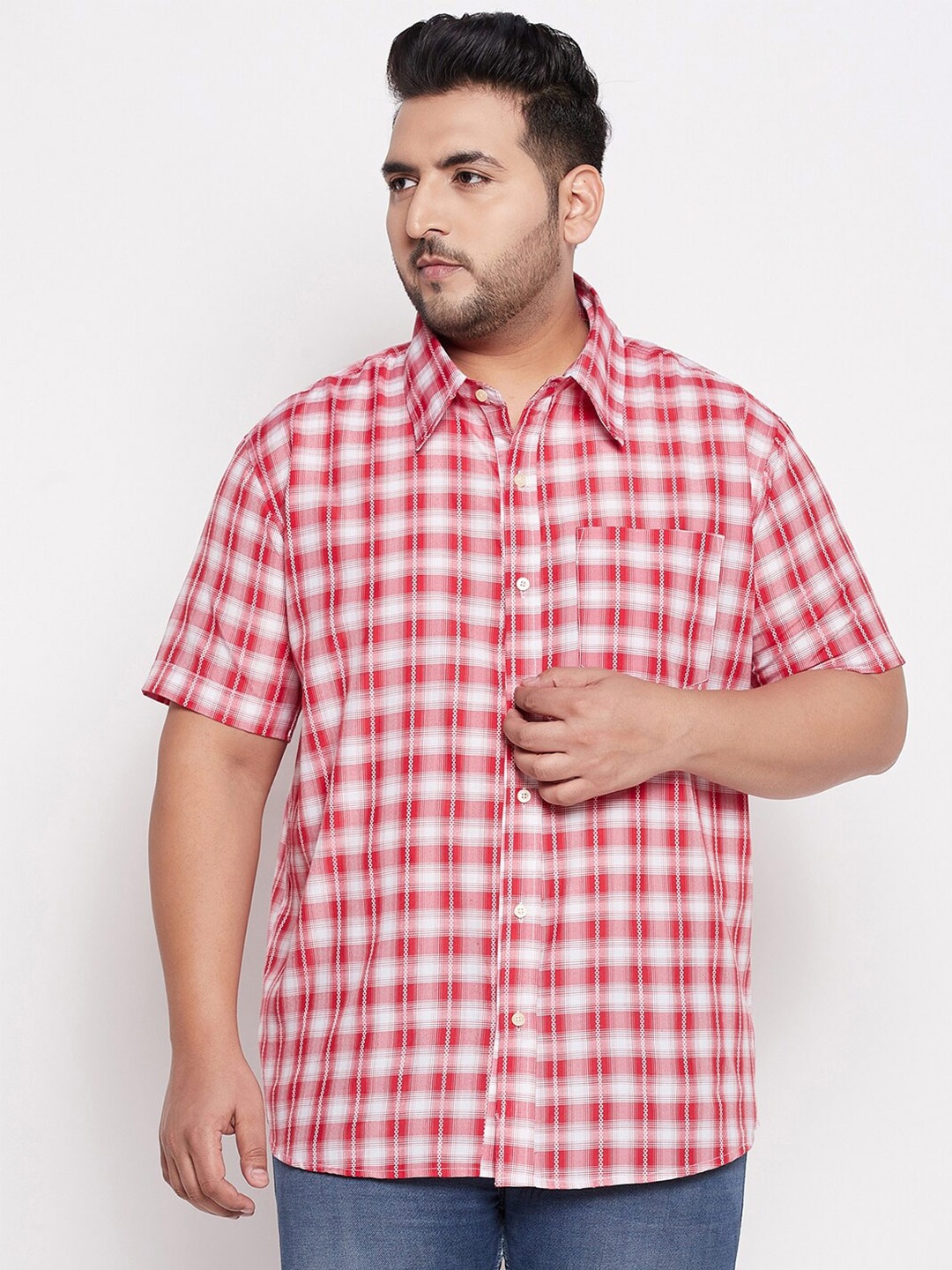 

bigbanana Plus Size Men Red Comfort Gingham Checked Pure Cotton Casual Shirt