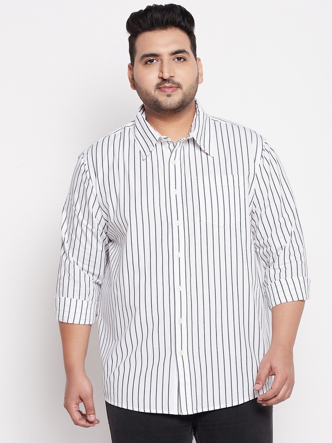 

bigbanana Men Plus Size White Comfort Striped Casual Shirt