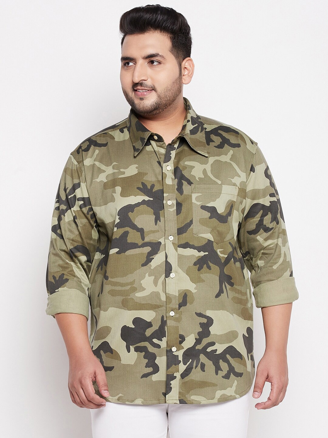 

bigbanana Plus Size Men Olive Green Camouflage Printed Cotton Casual Shirt