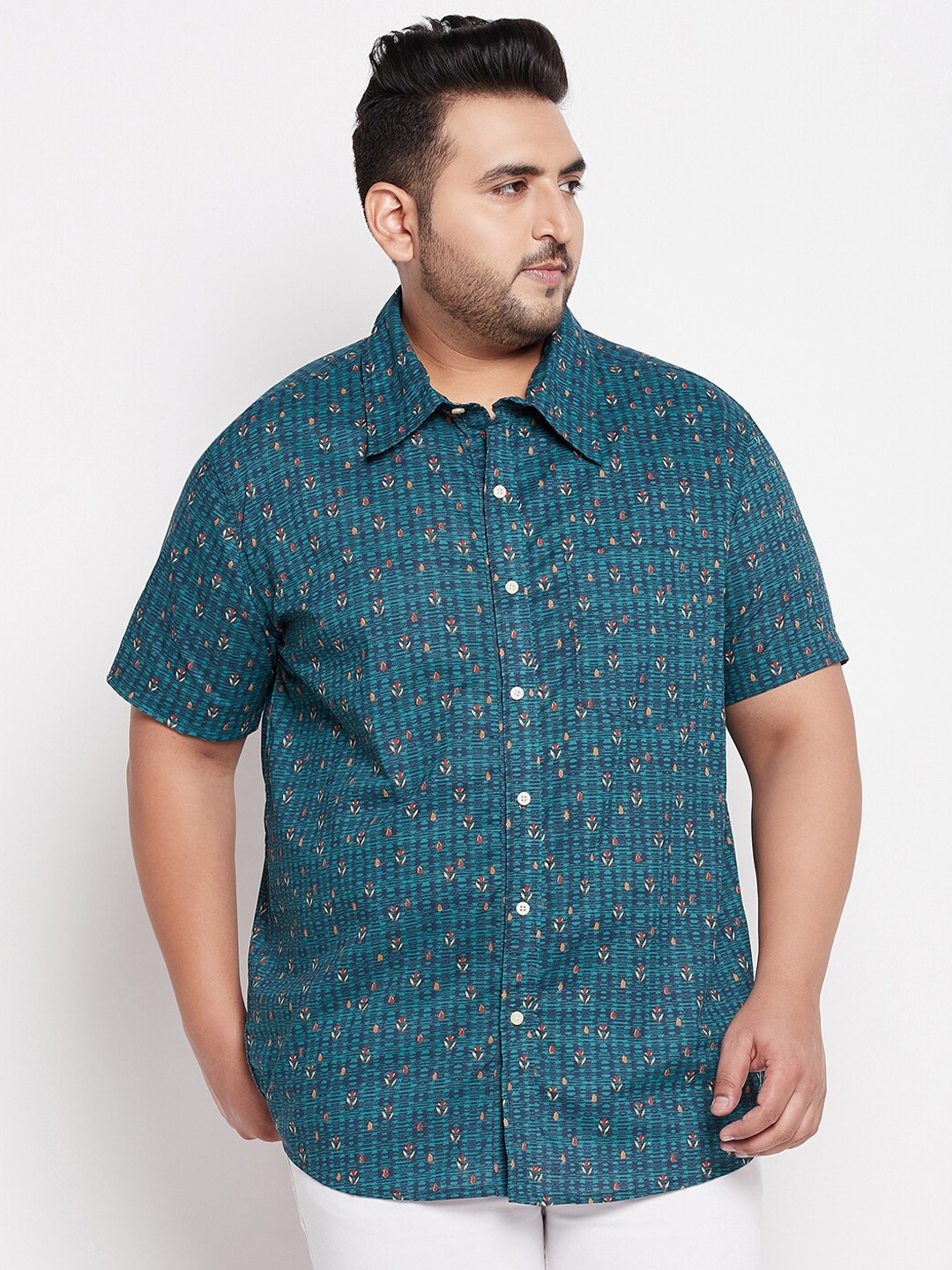 

bigbanana Men Plus Size Green Comfort Floral Printed Cotton Casual Shirt