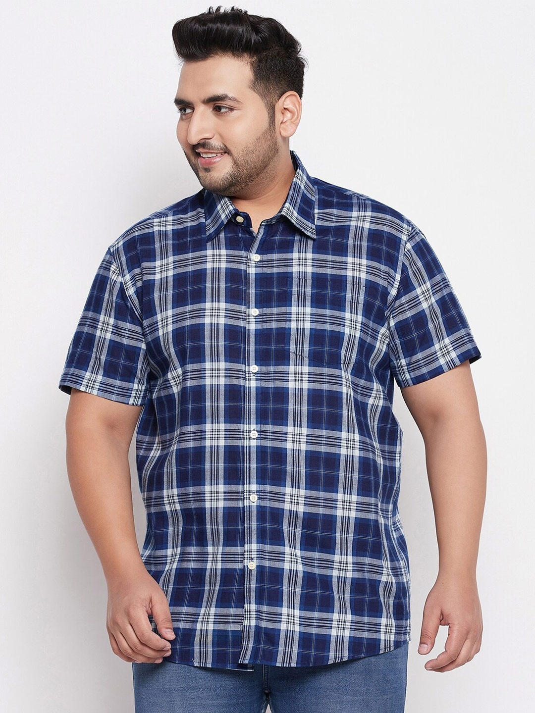 

bigbanana Men Plus Size Navy Blue Plus Size Comfort Tartan Checked Casual Shirt