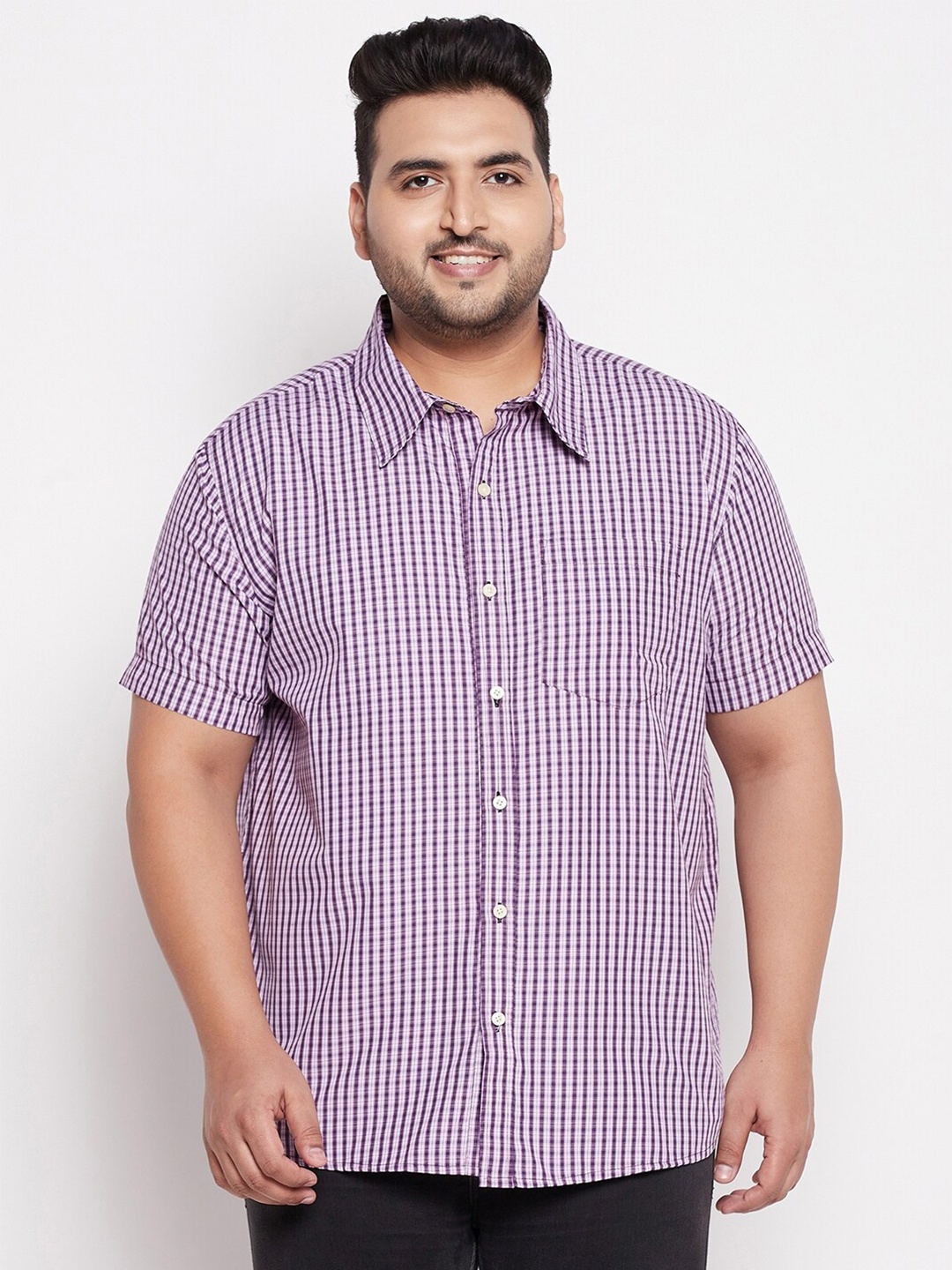 

Bigbanana Plus Size Men Purple Comfort Gingham Checks Checked Casual Shirt