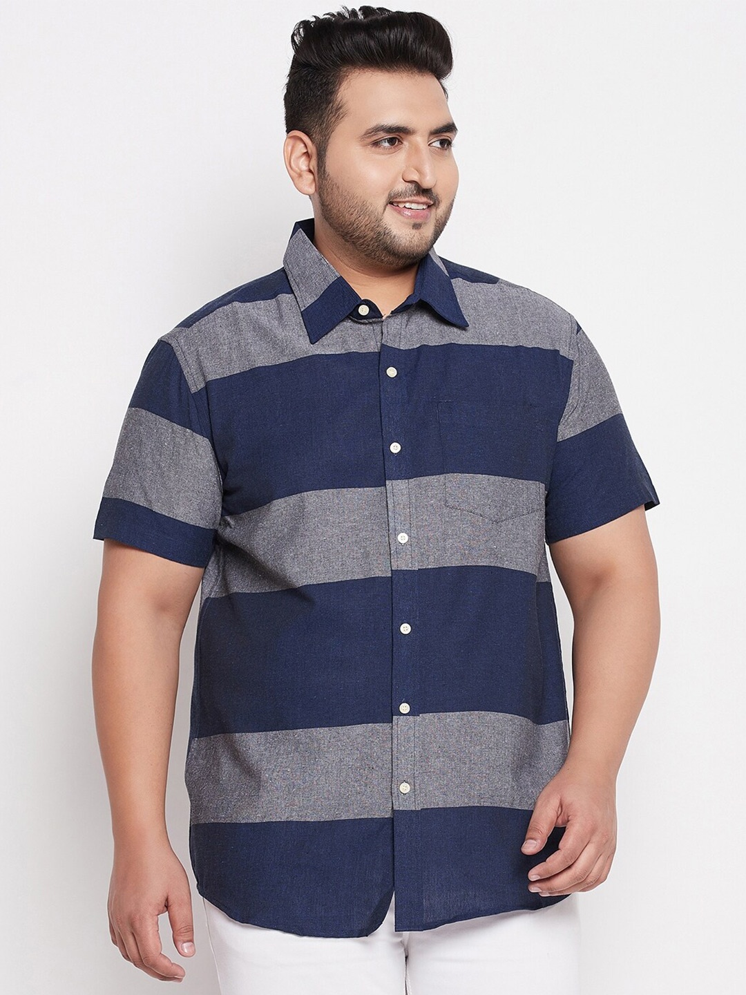 

bigbanana Plus Size Men Navy Blue Cotton Comfort Horizontal Stripes Casual Shirt