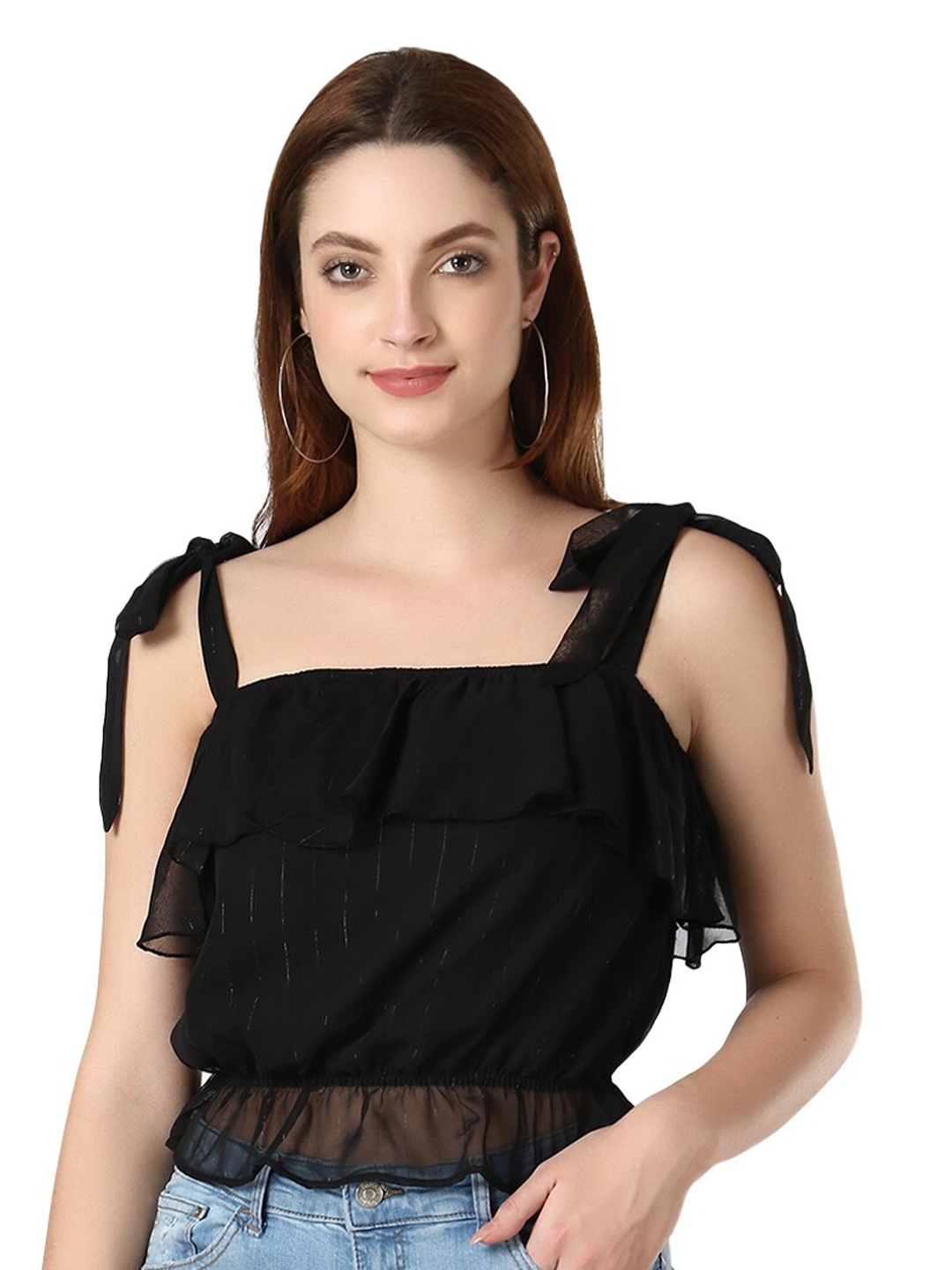 

D 'VESH Black Ruffles Chiffon Blouson Top