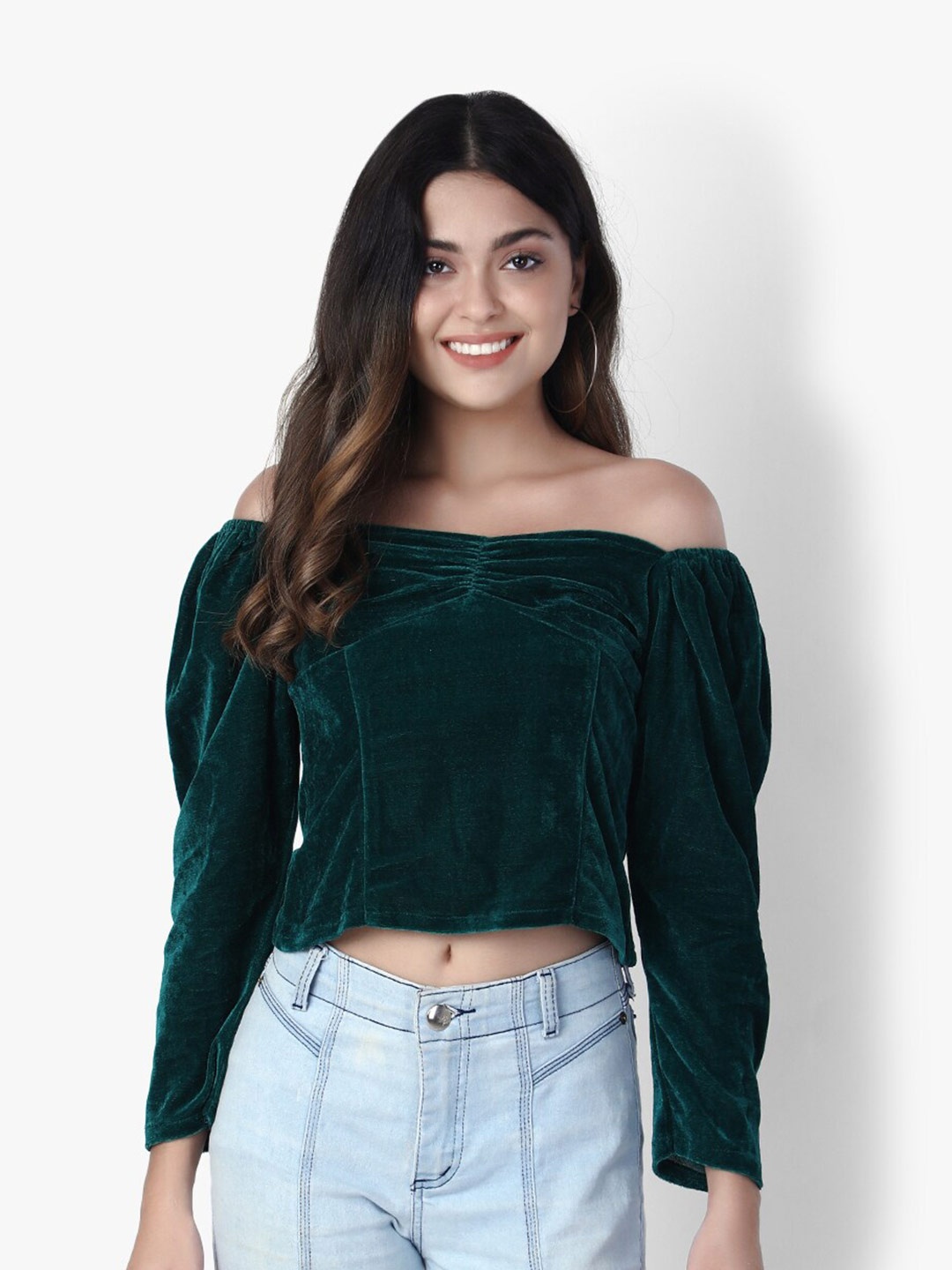 

D 'VESH Women Green Off-Shoulder Velvet Crop Top