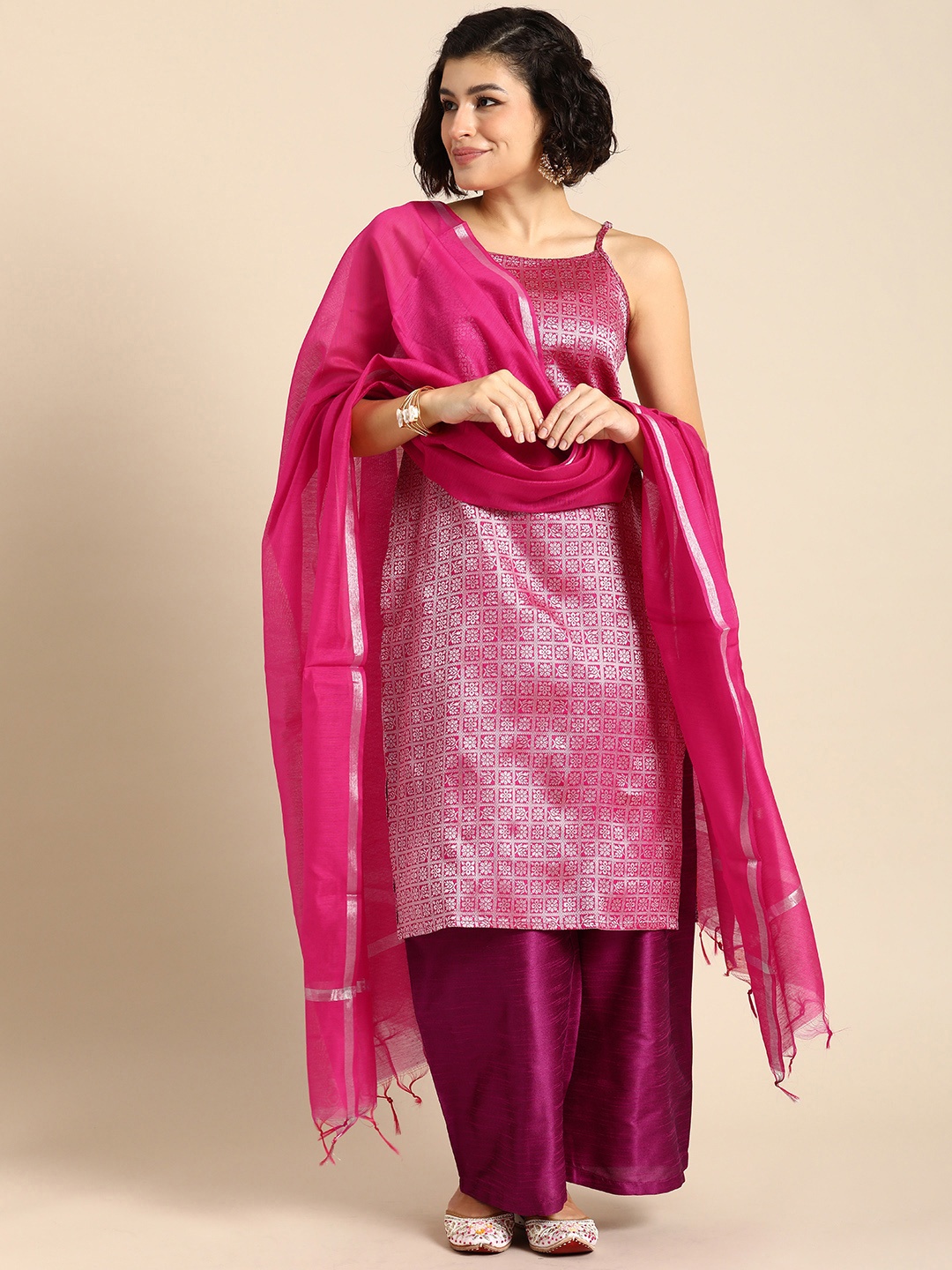

Anouk Ethnic Motifs Regular Kurta with Palazzos & Dupatta, Pink