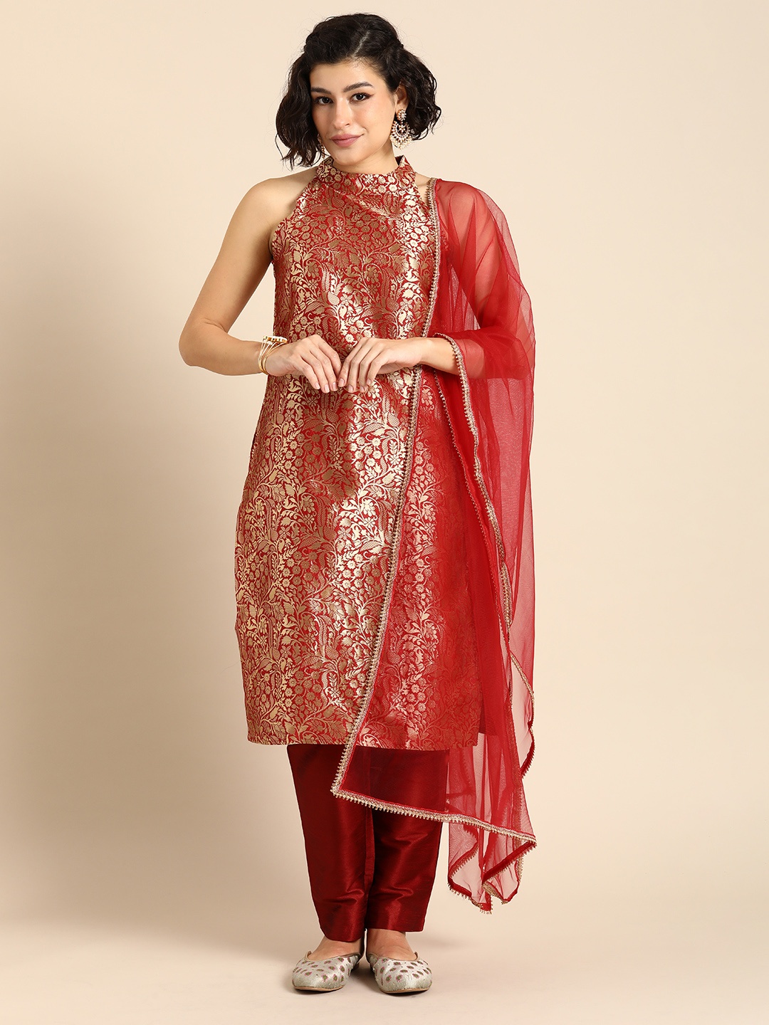 

Anouk Ethnic Motifs Regular Kurta with Trousers & Dupatta, Red