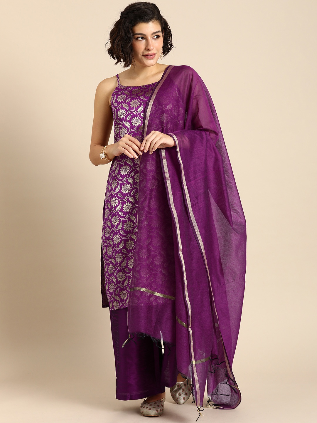 

Anouk Ethnic Motifs Regular Kurta with Palazzos & Dupatta, Purple
