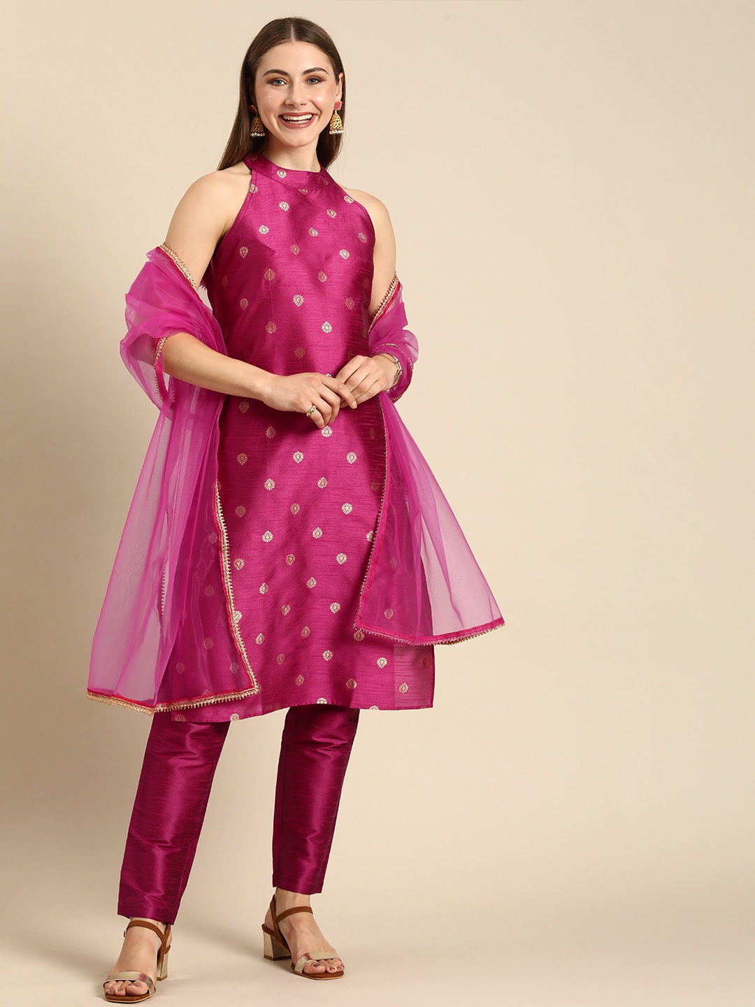 

Anouk Women Ethnic Motifs Regular Kurta With Trousers & A Dupatta, Pink