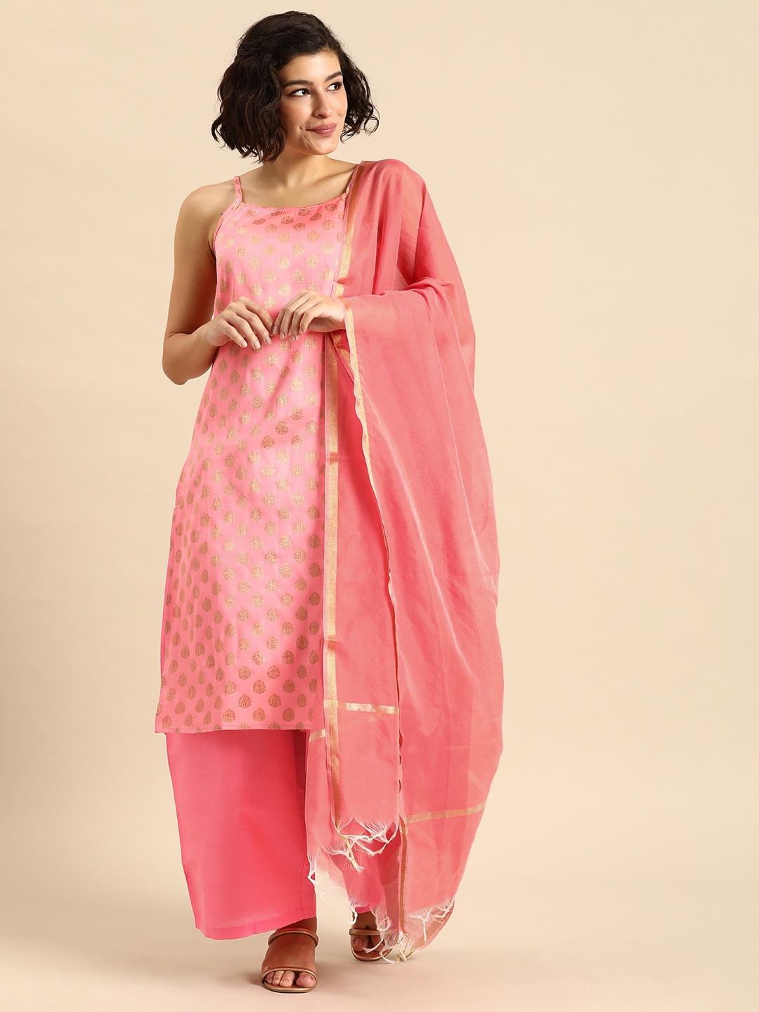 

Anouk Women Ethnic Motifs Woven Design Kurta With Palazzos & Dupatta, Pink