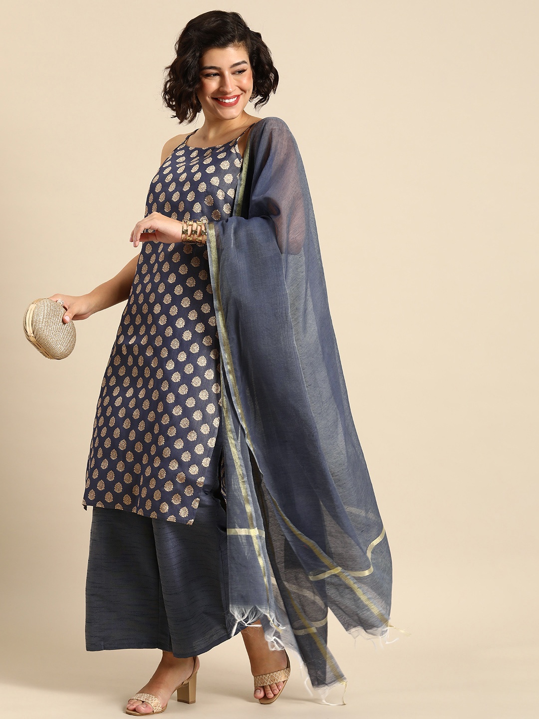 

Anouk Women Woven Design Regular Kurta With Palazzos & Dupatta, Blue