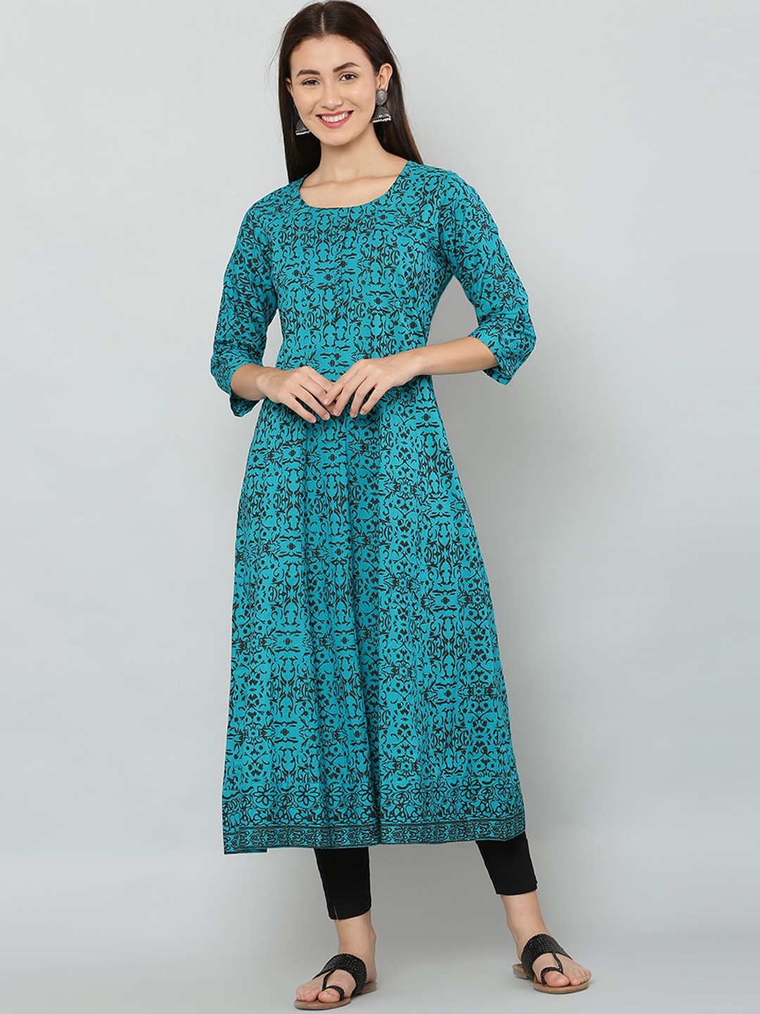 

DEGE Women Turquoise Blue & Black Ethnic Motifs Printed Cotton Kurta