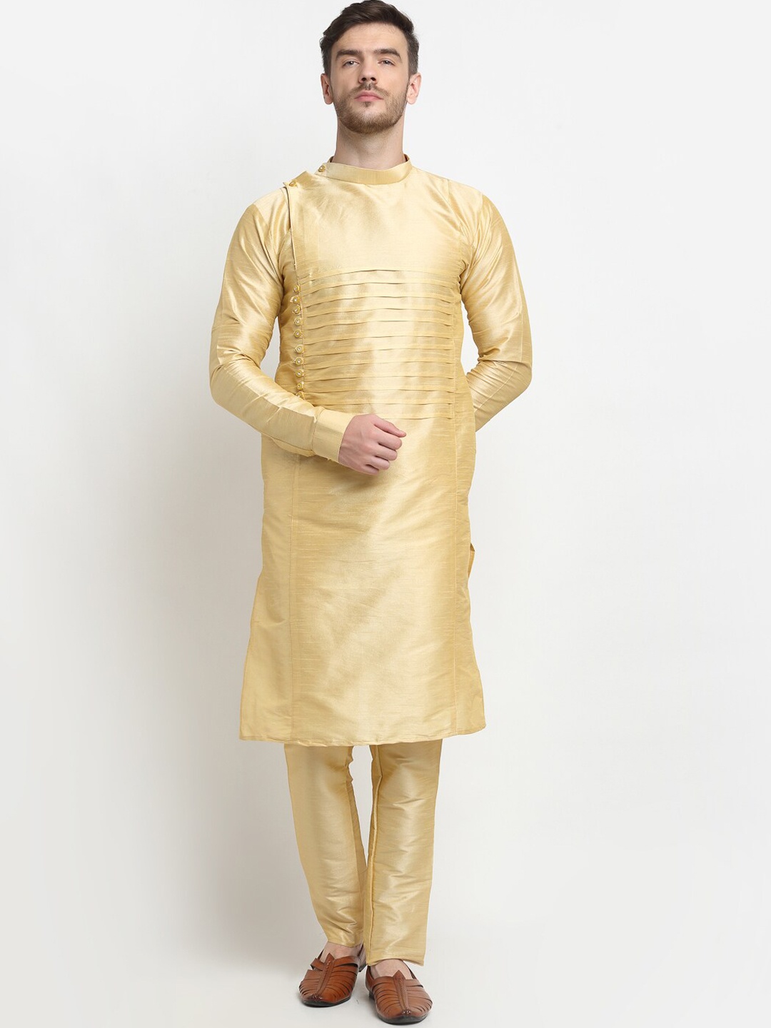 

Benstoke Men Gold-Toned Dupion Silk Kurta with Churidar