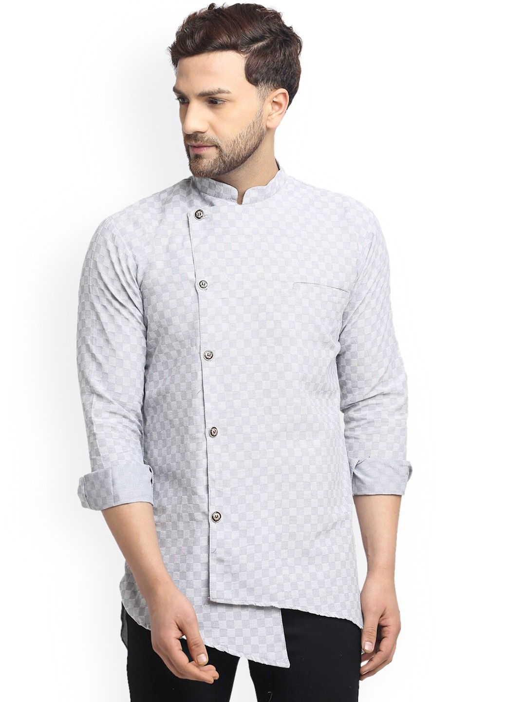

Benstoke Men Grey Cotton Blend Checked Short Kurta
