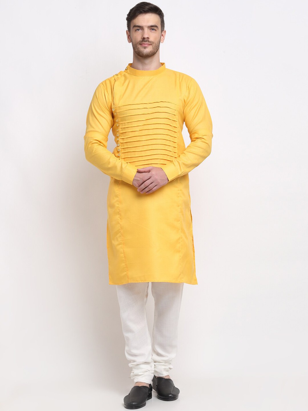 

Benstoke Men Yellow Cotton Blend Yoke Design Kurta with Pyjamas
