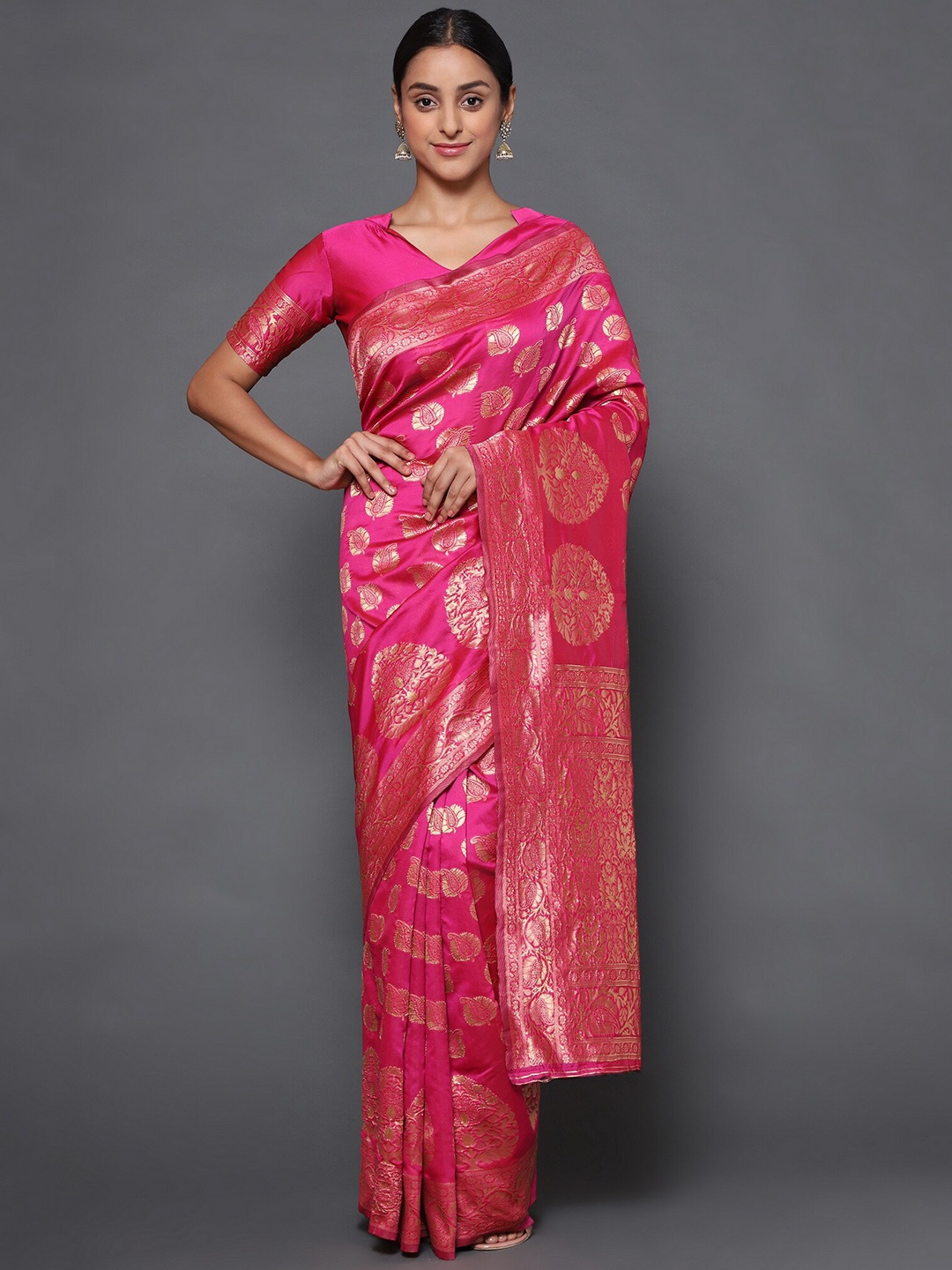

Glemora Pink & Gold-Toned Woven Design Zari Art Silk Kanjeevaram Saree