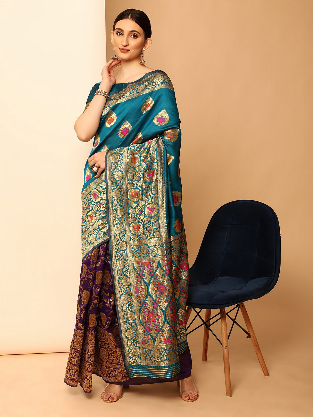 

Glemora Blue & Purple Woven Design Art Silk Kanjeevaram Zari Saree