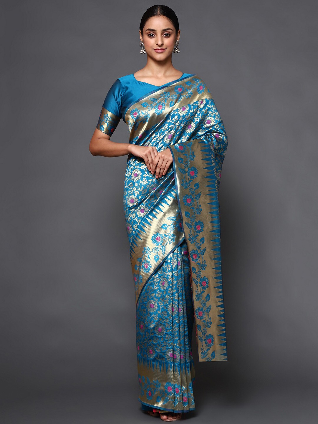 

Glemora Green & Gold-Toned Woven Design Zari Art Silk Kanjeevaram Saree