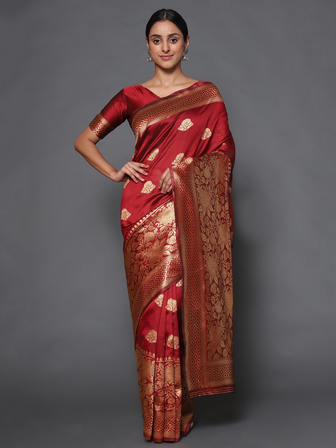 

Glemora Red & Gold-Toned Floral Zari Art Silk Kanjeevaram Saree