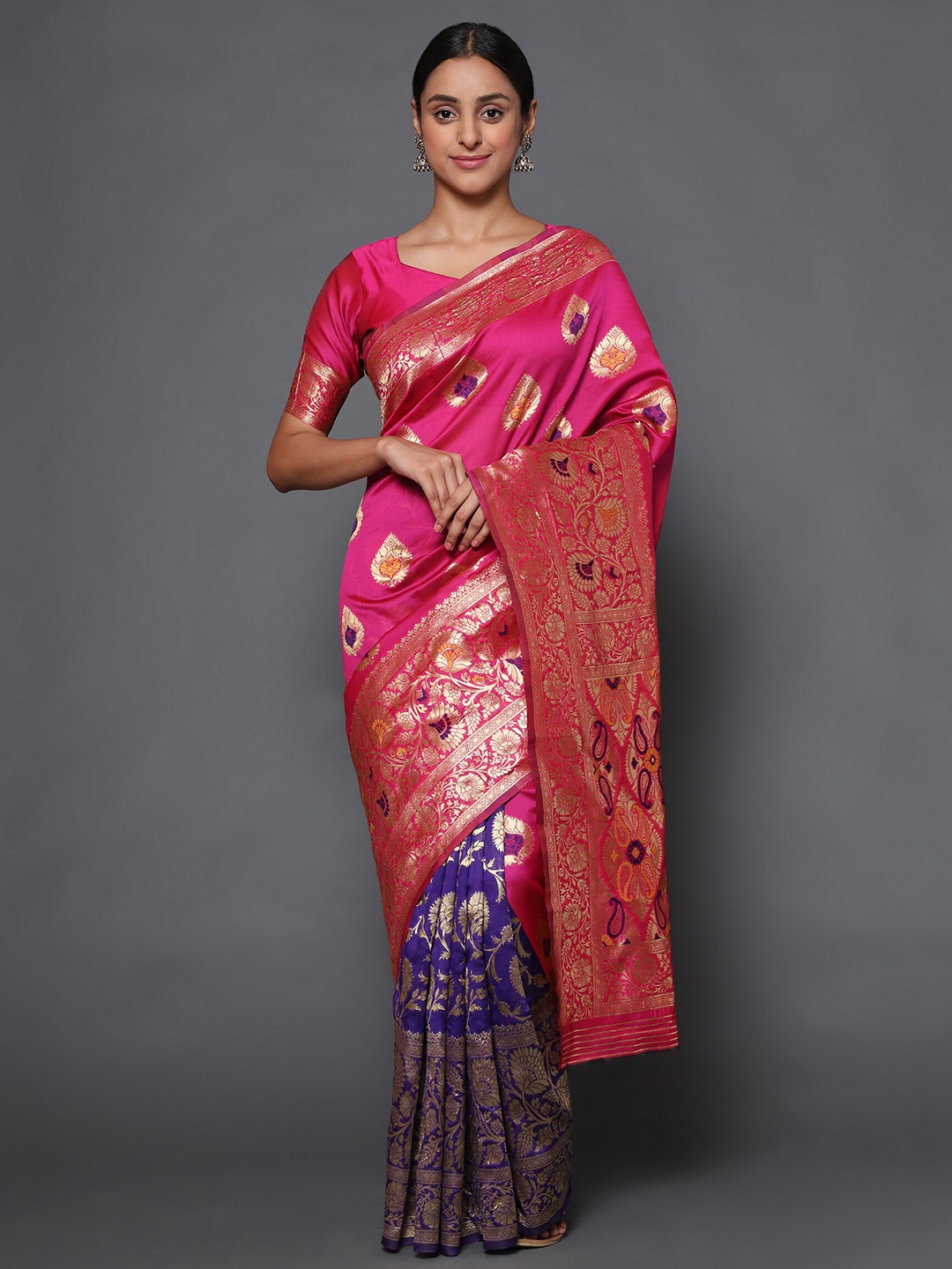 

Glemora Pink & Purple Woven Design Art Silk Kanjeevaram Zari Saree