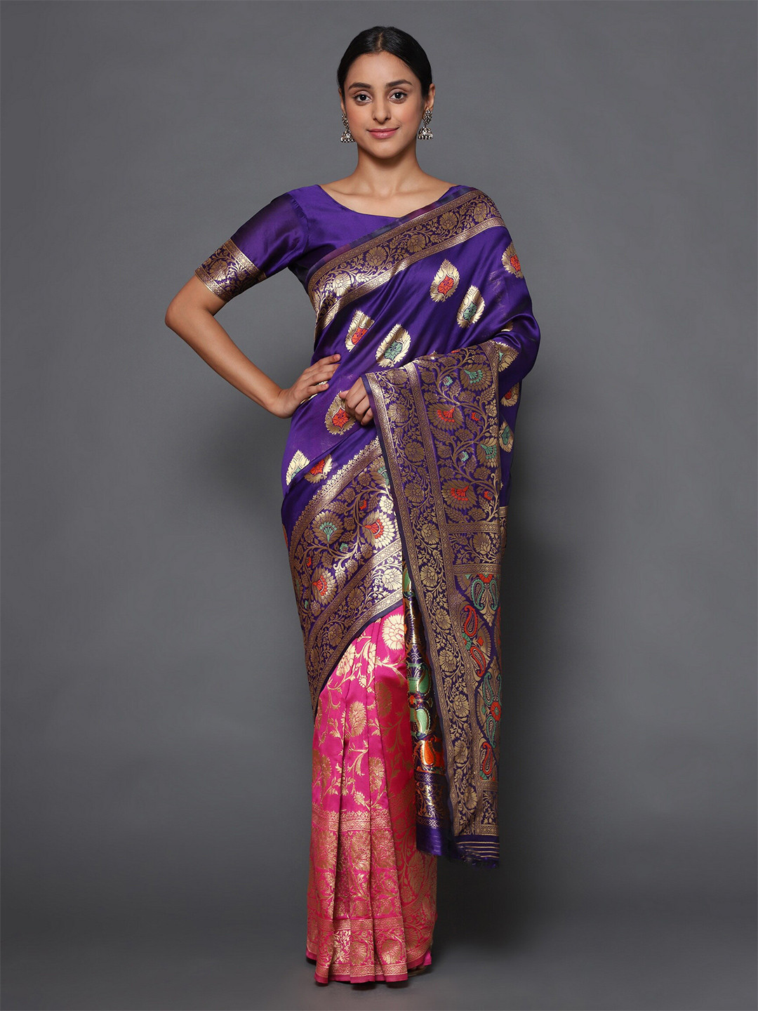 

Glemora Women Blue & Pink Floral Zari Art Silk Kanjeevaram Saree