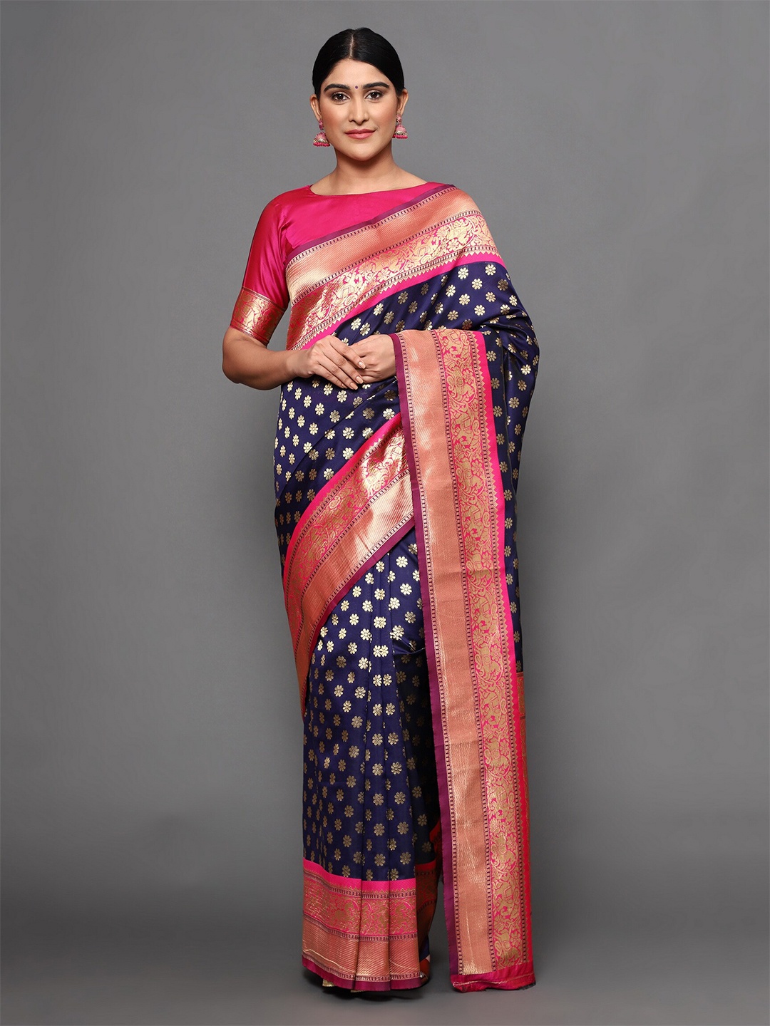 

Glemora Women Navy Blue & Pink Woven Design Zari Art Silk Kanjeevaram Saree